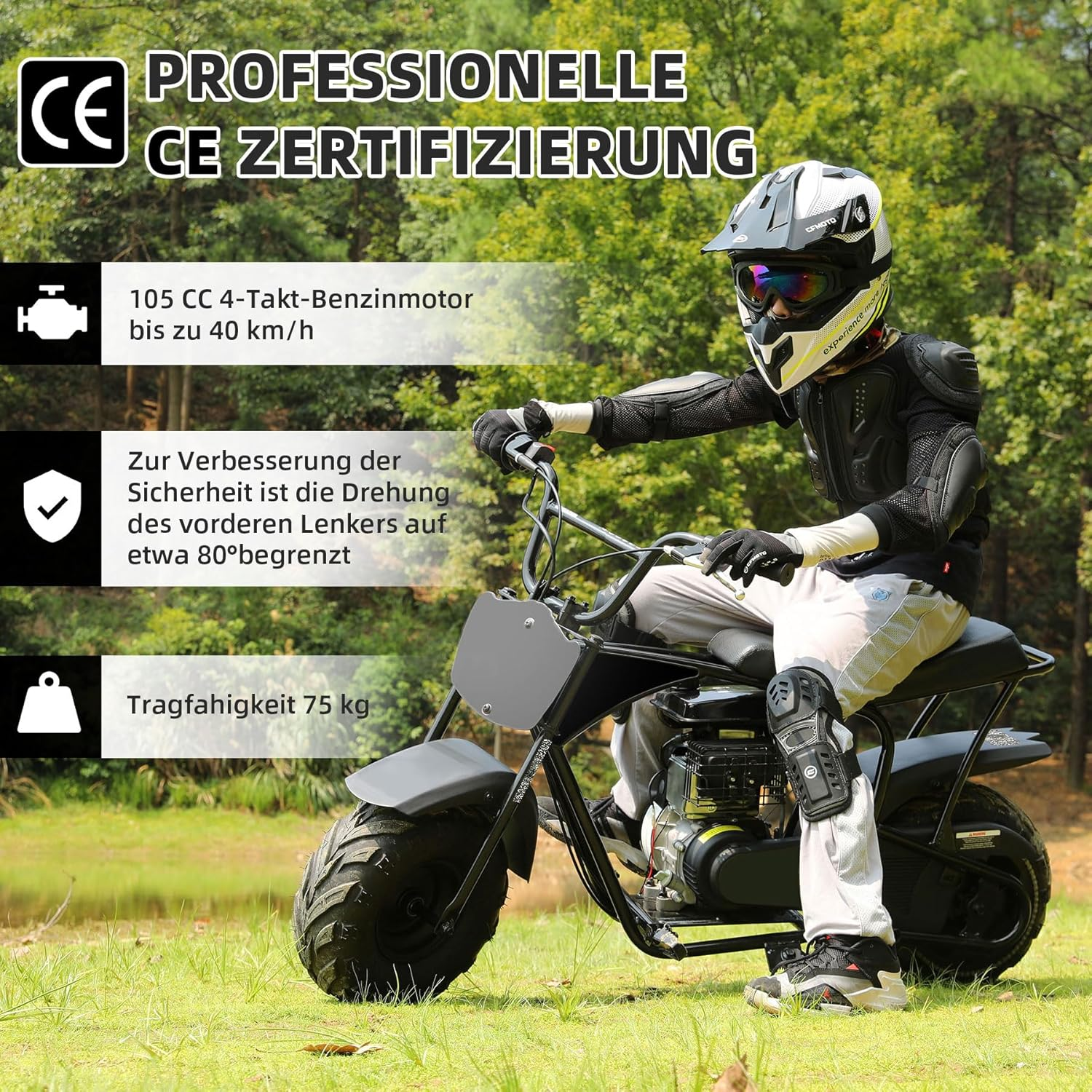 Mann in Schutzkleidung fährt Mini-Dirtbike im Freien, mit deutschen Textinfos.