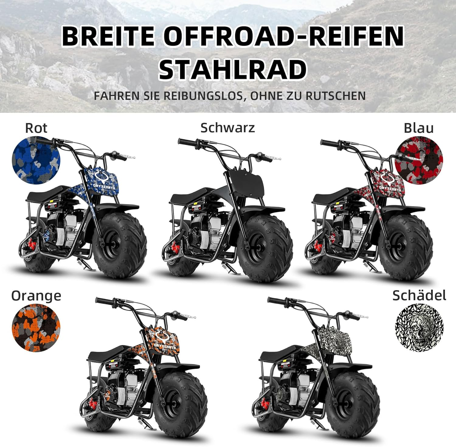 Fünf Minibikes in verschiedenen Farben: Rot, Schwarz, Blau, Orange und Totenkopf.