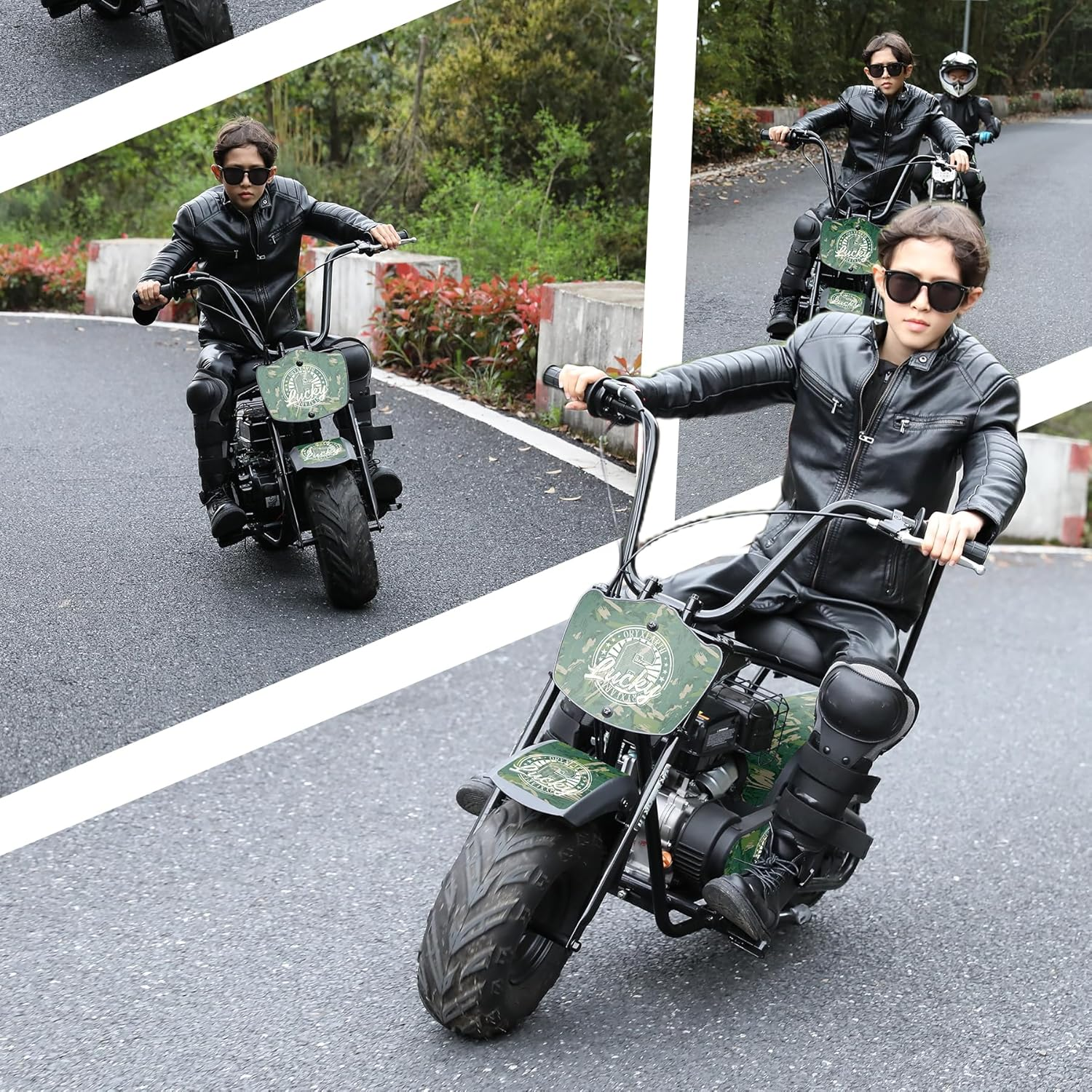 Ein Junge in Lederkleidung fährt ein Mini-Motorrad auf einer Straße mit Bäumen im Hintergrund.