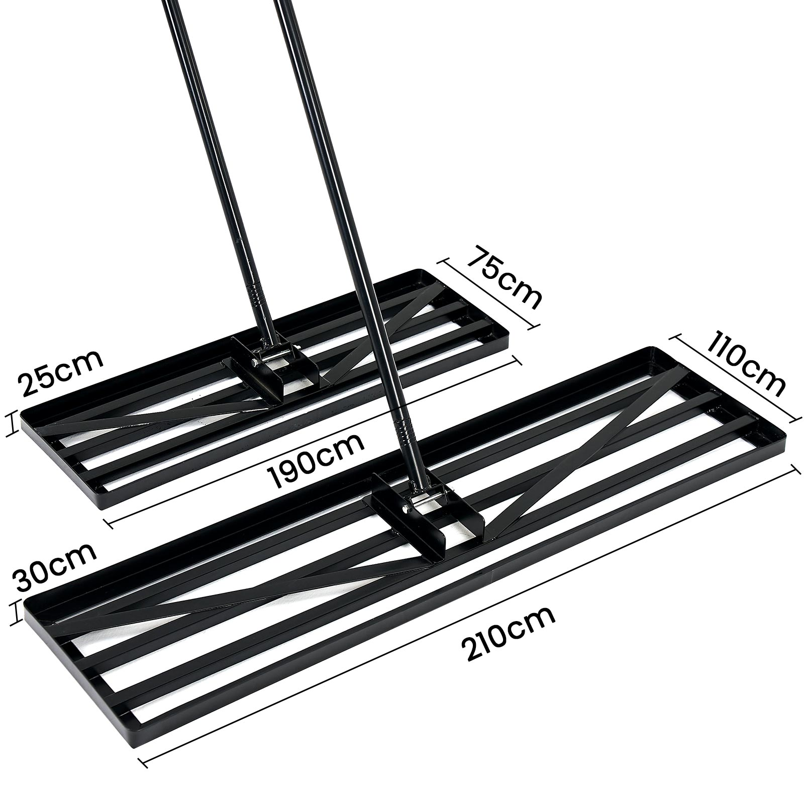 Zwei schwarze Bodenrechen mit langen Stielen und rechteckigen Metallrahmen.