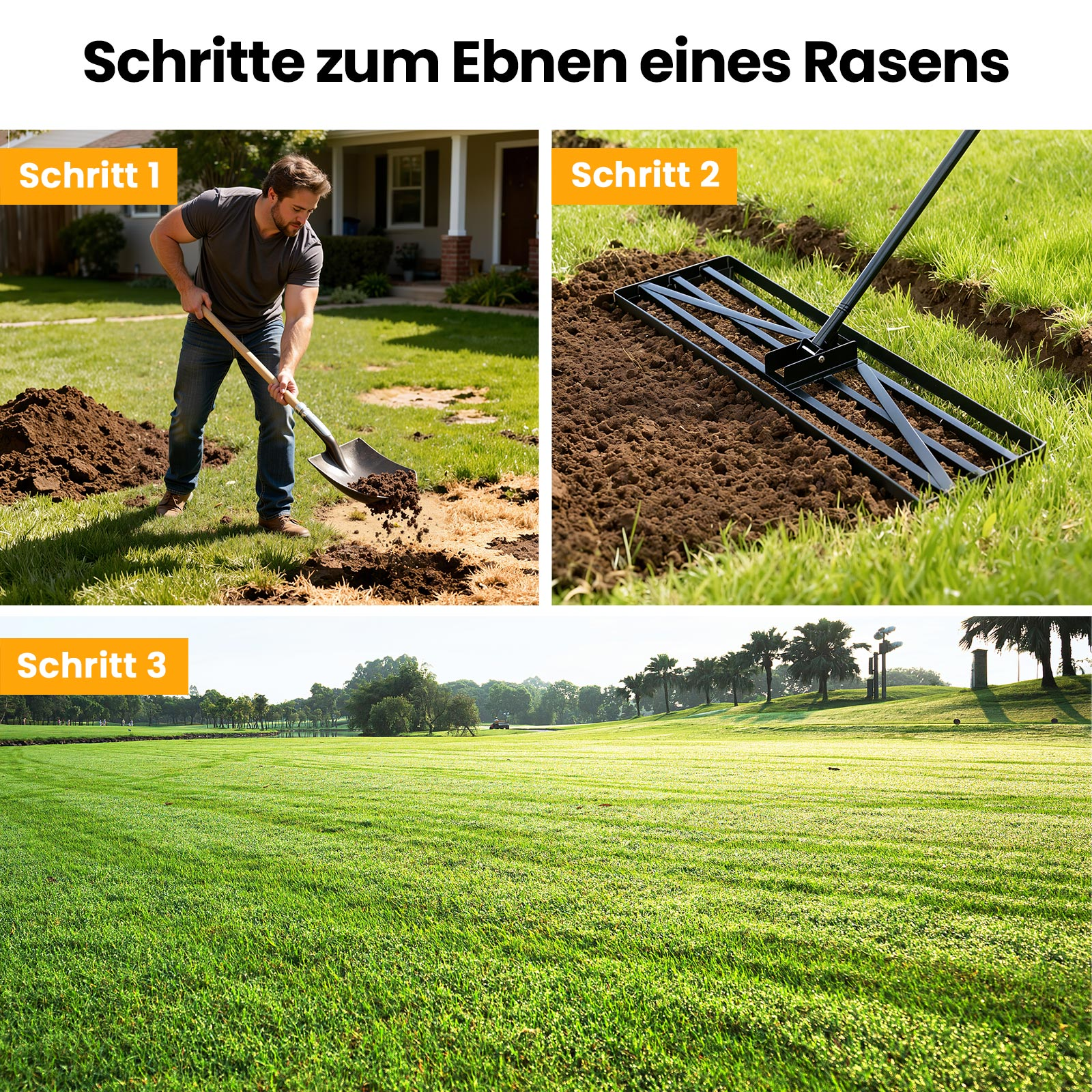 Mann gräbt, Rechen glättet Erde, schöner Rasen auf Golfplatz.