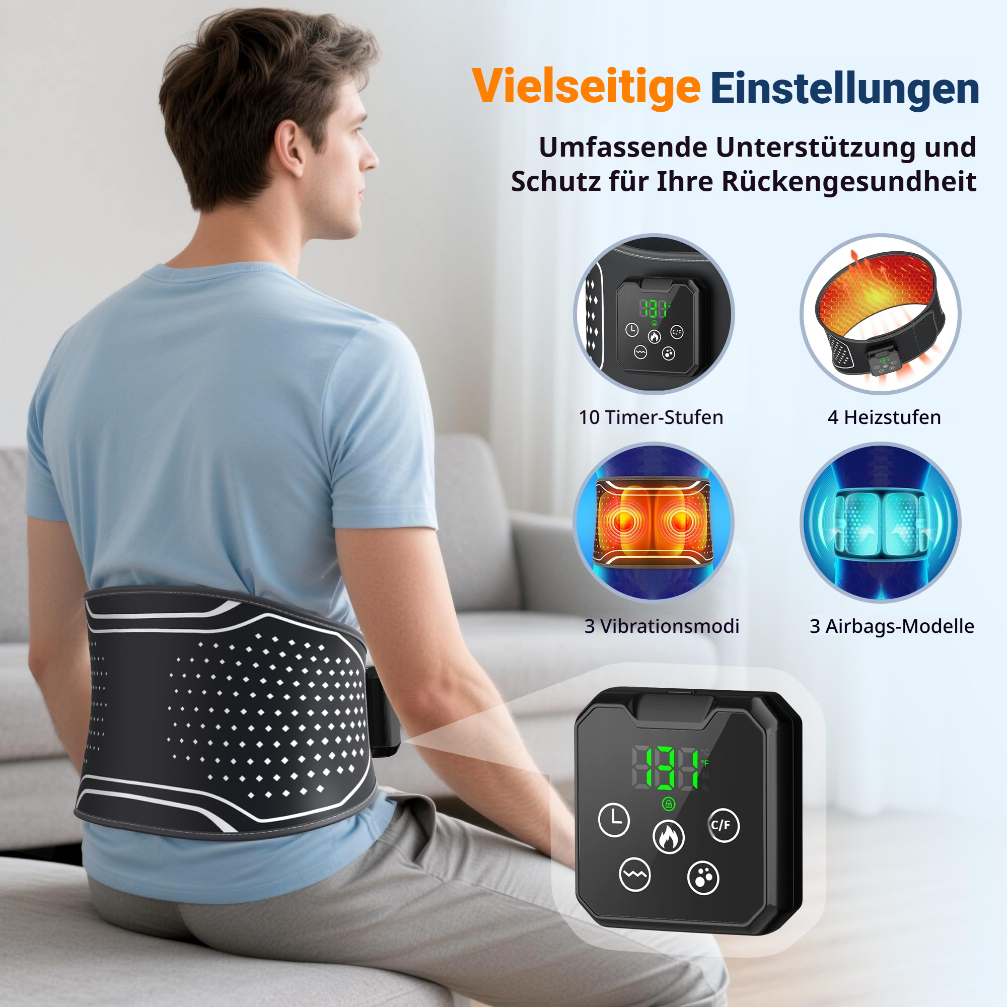 Mann trägt einen schwarzen Rückenwärmegürtel mit digitaler Anzeige und verschiedenen Einstellungen.