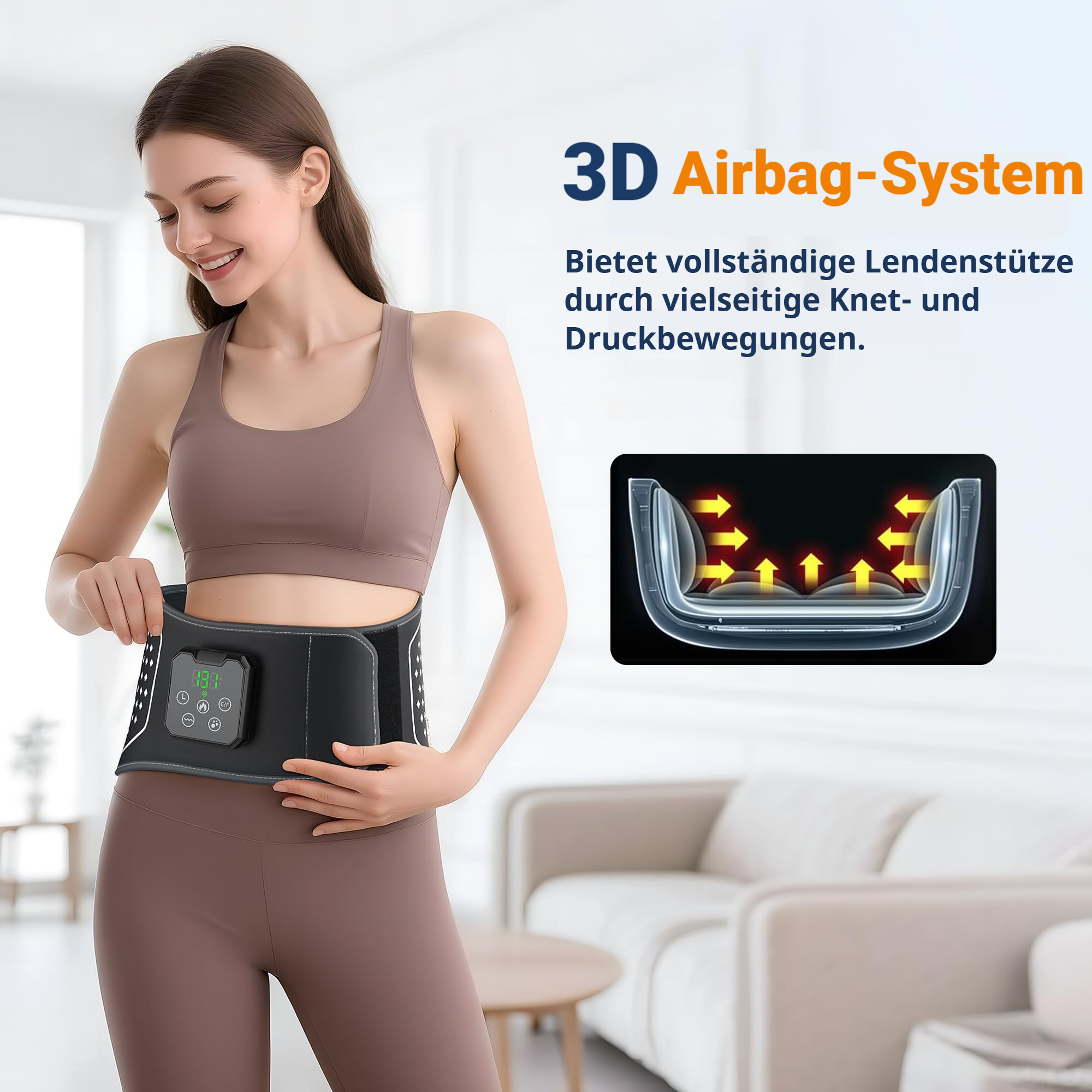 Frau mit Stützgürtel und 3D-Airbag-System-Grafik.