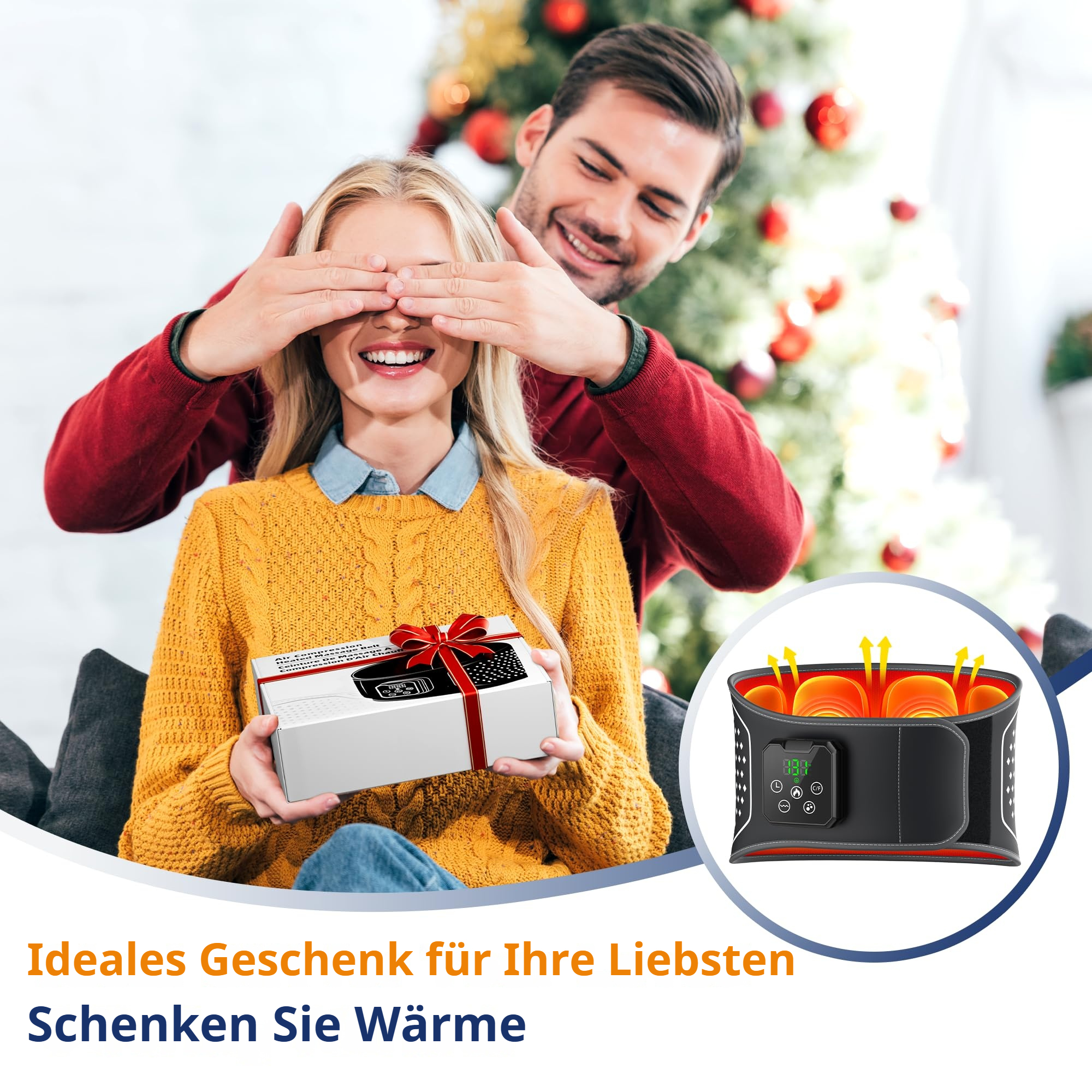 Mann bedeckt Augen einer Frau, die ein Geschenk hält. Weihnachtsbaum im Hintergrund.
