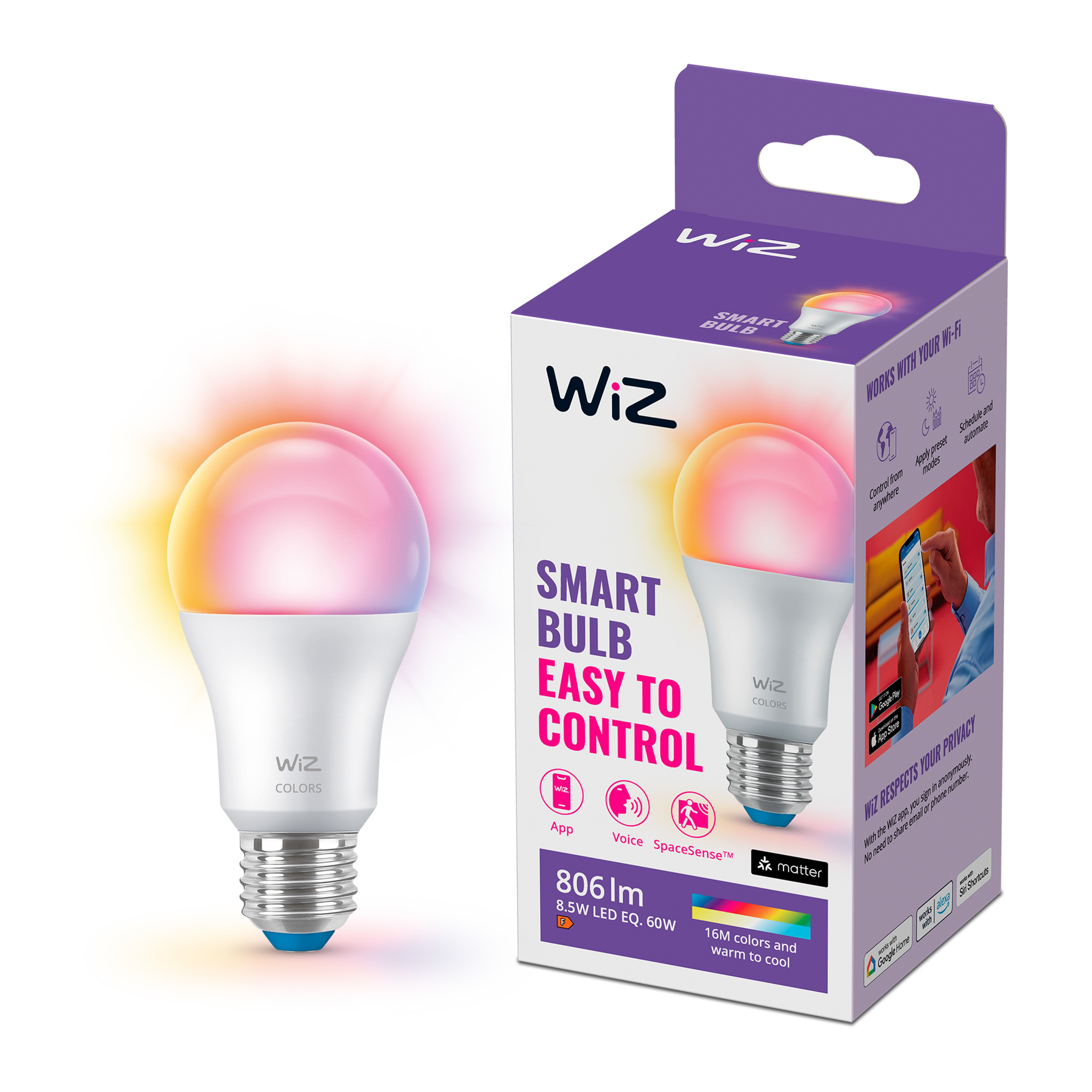 Wiz Smart Bulb Verpackung mit einer bunten Glühbirne und App-Steuerung.