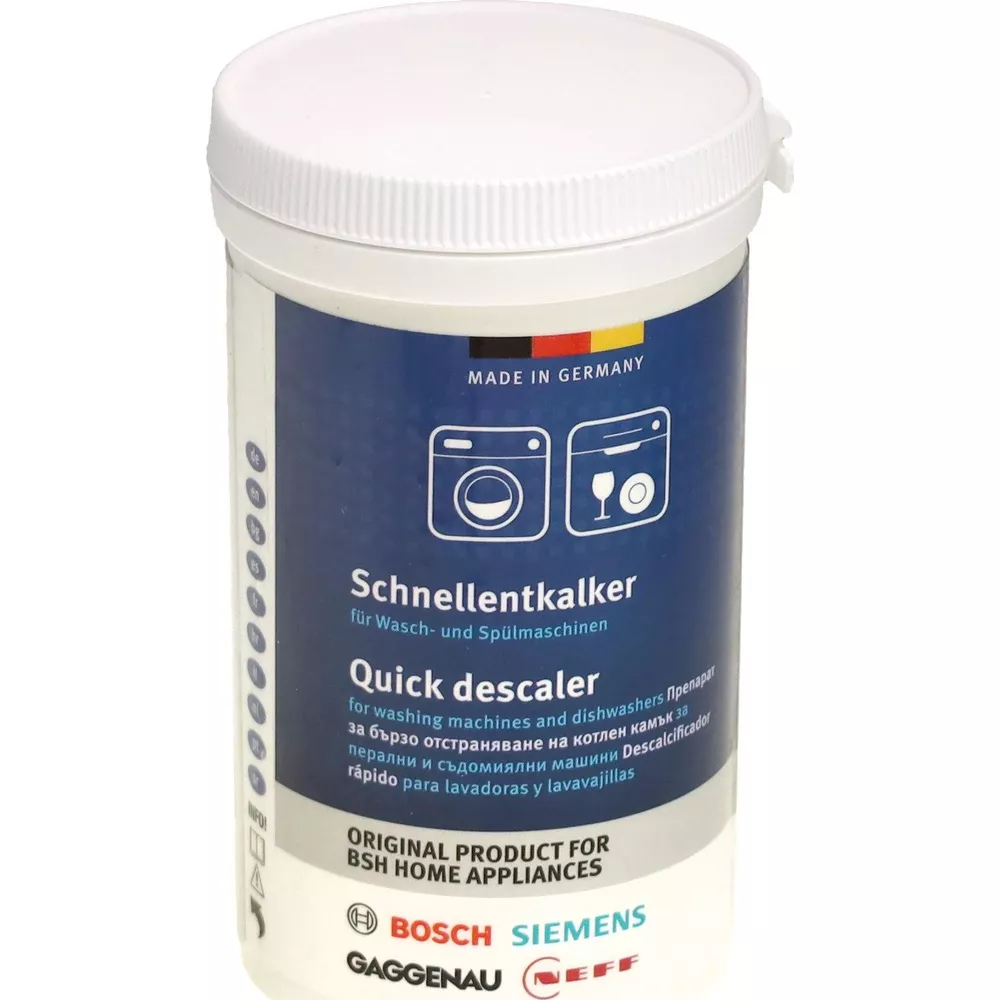 Ein weißer Behälter mit blauer Beschriftung für Schnellentkalker für Wasch- und Spülmaschinen.