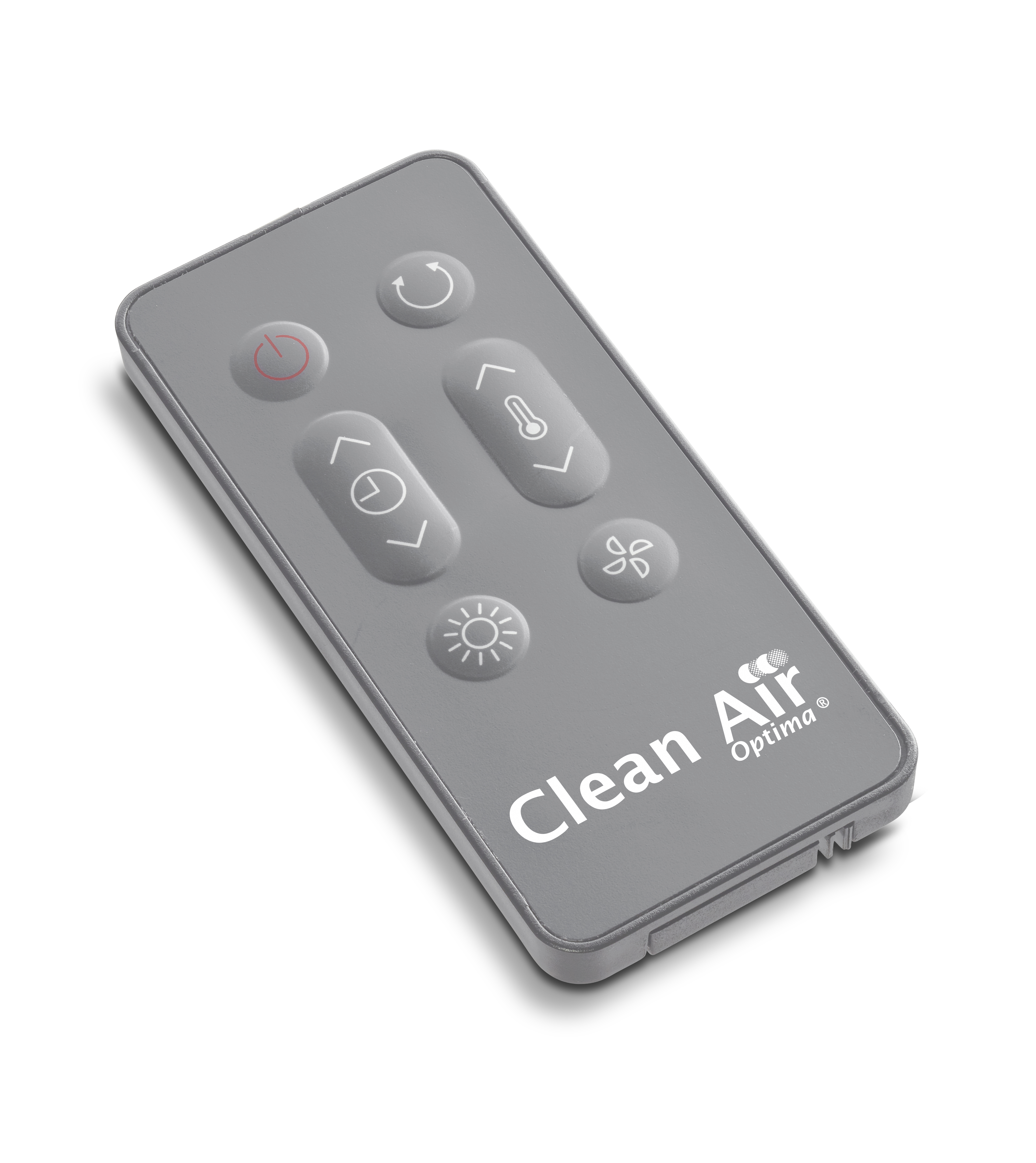 Gray remote with icons for power, fan, temperature, and light. 