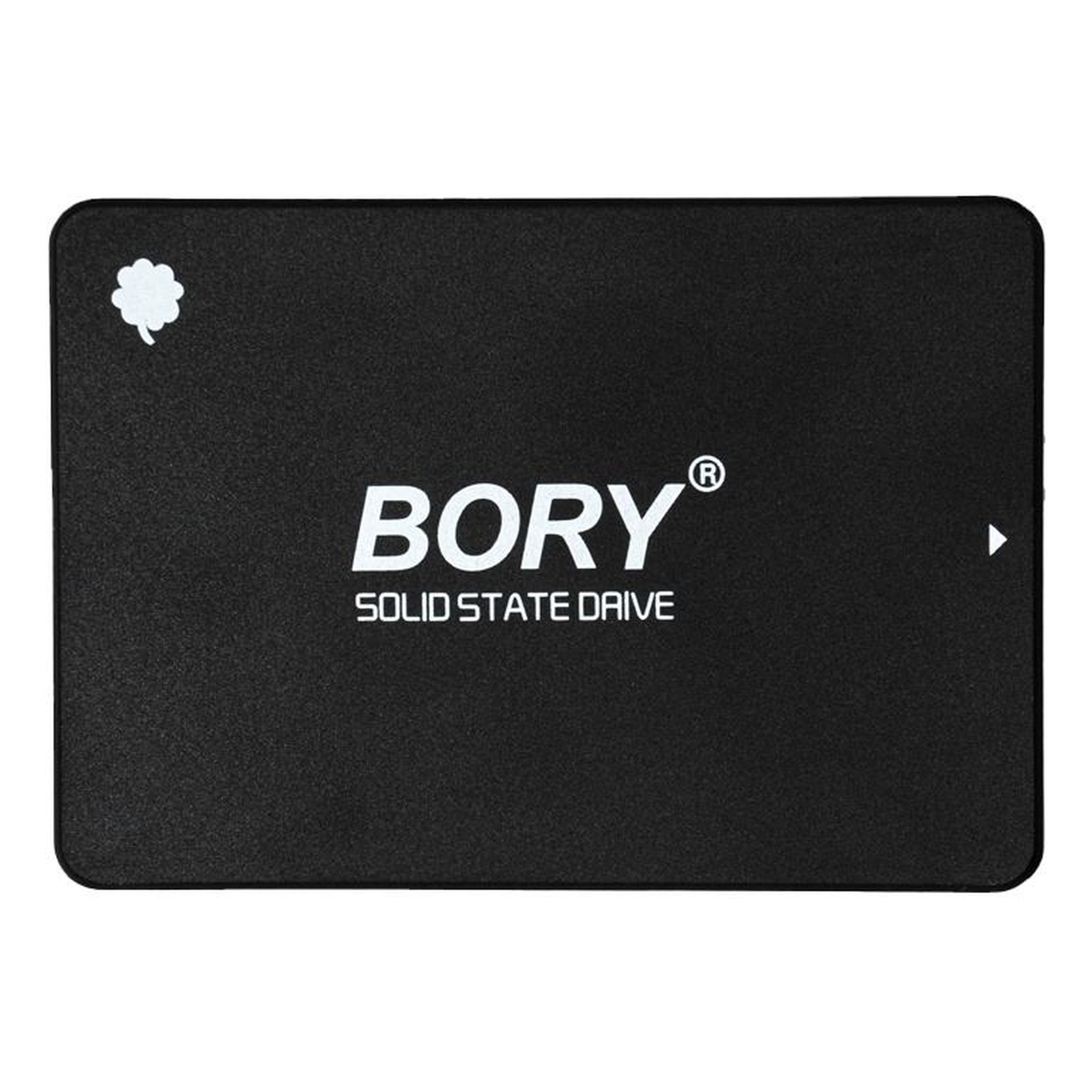 Beyaz logo ve yazıya sahip siyah SSD.