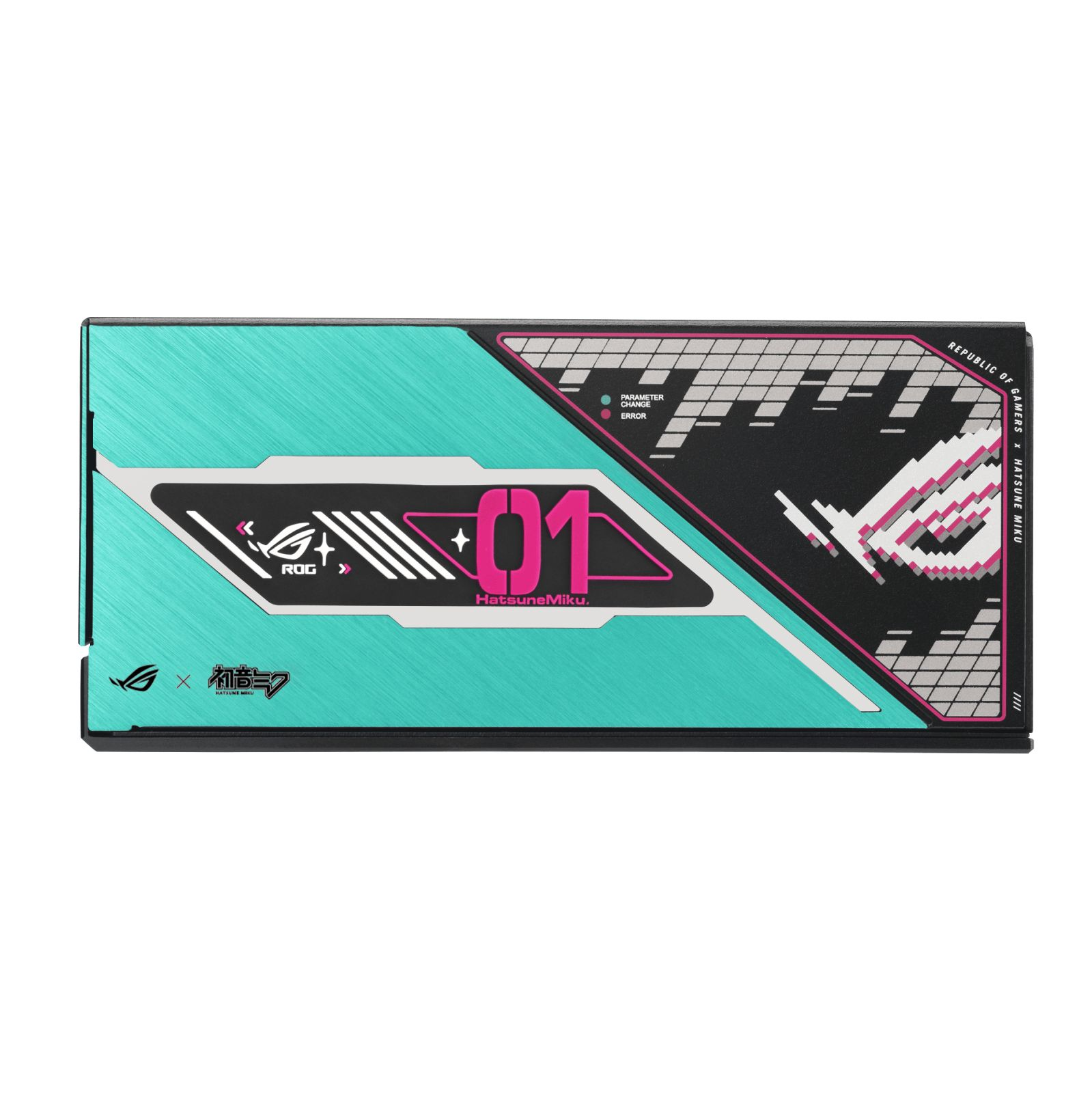 Turkuaz ROG x Hatsune Miku markalı ürün, pembe vurgular ve logolarla.