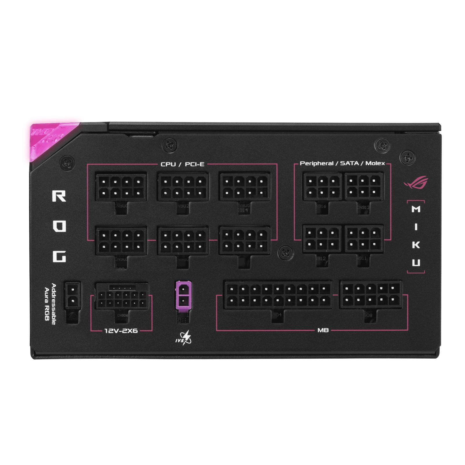 CPU/PCI-E ve SATA etiketli çok sayıda bağlantı noktasına sahip siyah güç kaynağı.