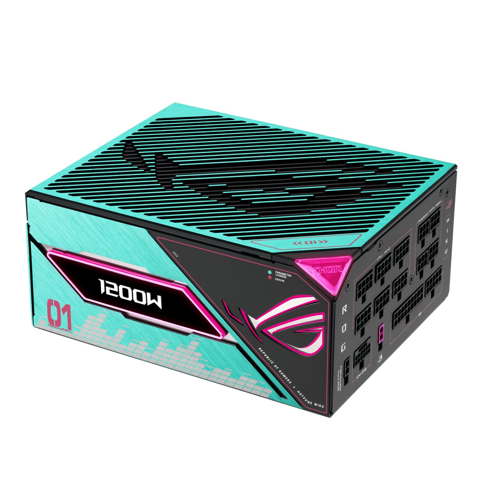 Siyah çizgili ve ROG logolu turkuaz güç kaynağı. 1200W olarak etiketlenmiş.