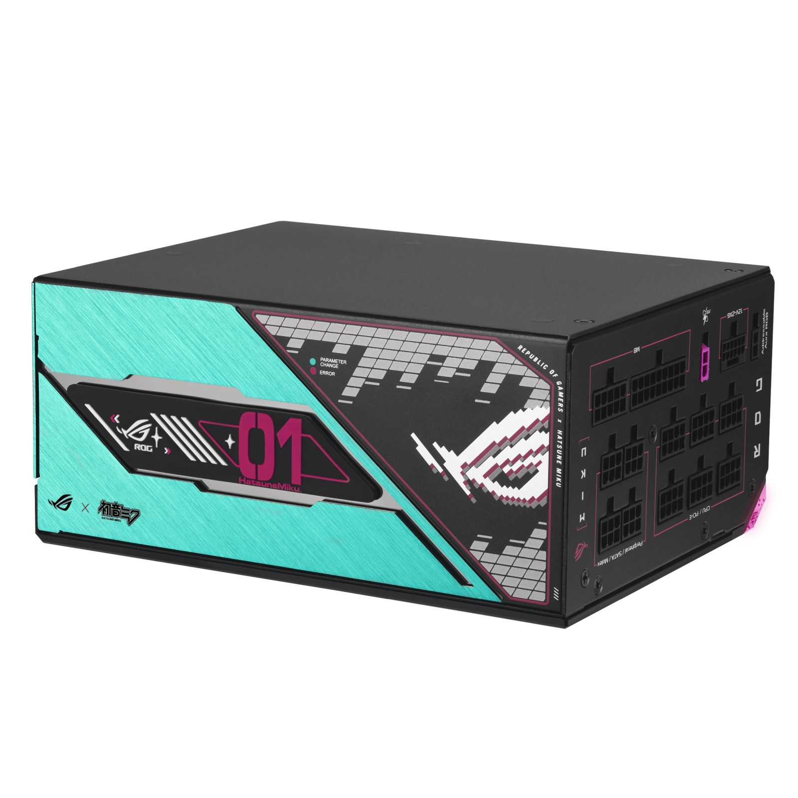 Turkuaz ve pembe vurgulu siyah güç kaynağı, Rog ve Hatsune Miku logoları.