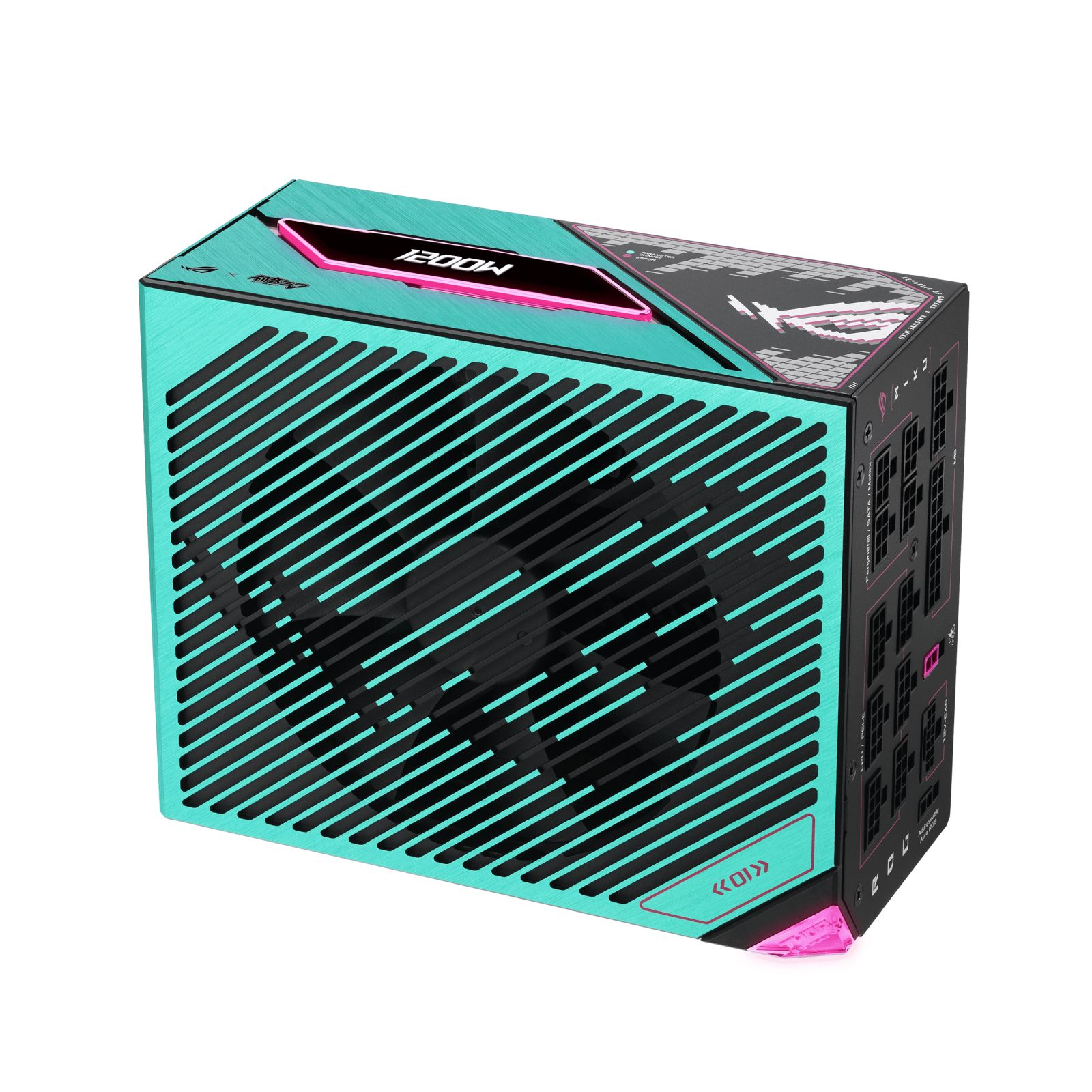 Siyah çizgili ve ROG logolu turkuaz renkli 1200W PC güç kaynağı.