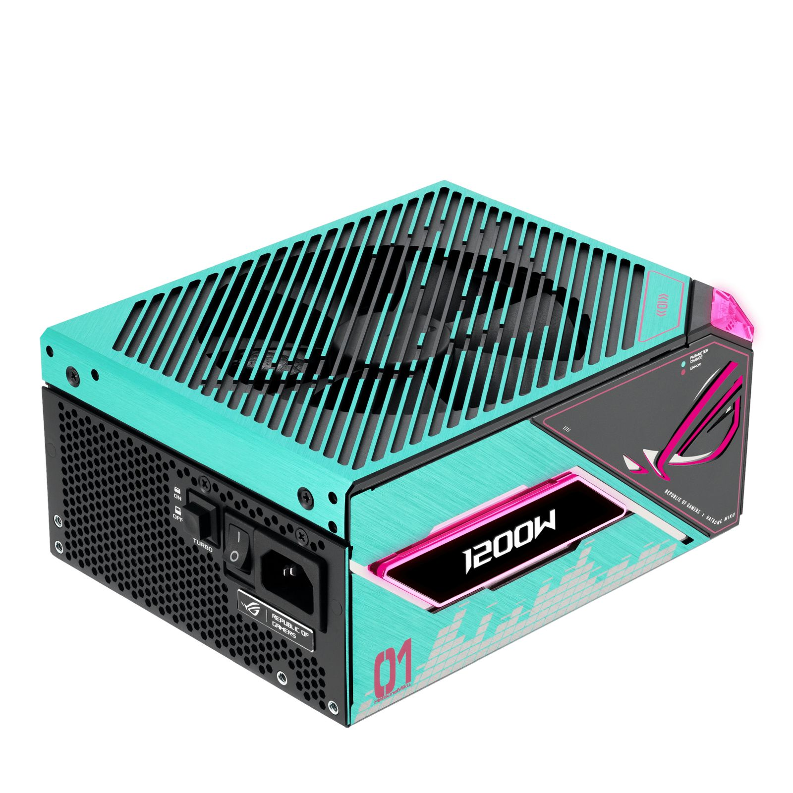 Turkuaz renkli 1200W güç kaynağı, siyah fan ızgarası ve pembe vurgular.