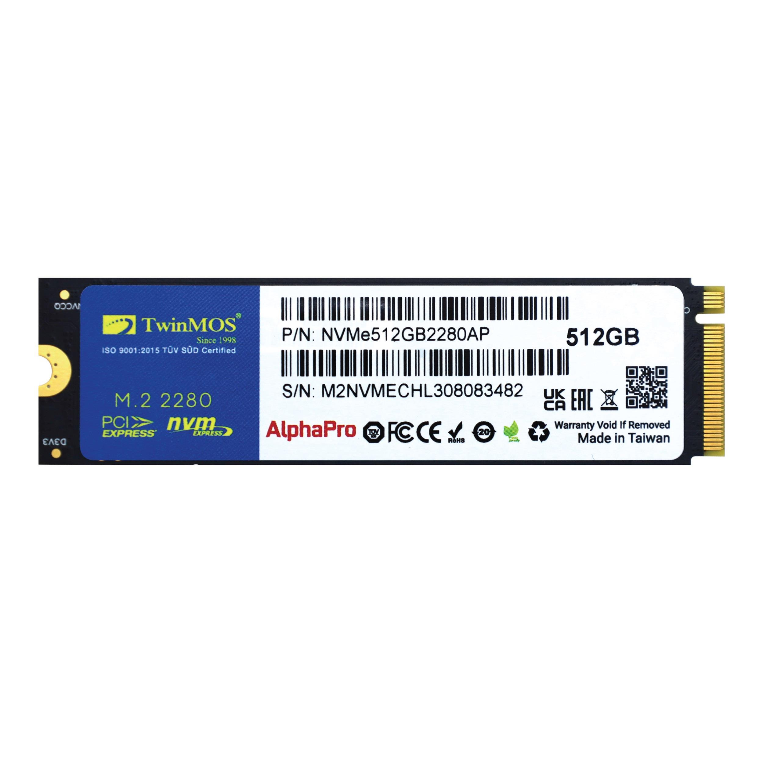 TwinMOS logosu ve teknik detayları olan 512GB M.2 NVMe SSD.