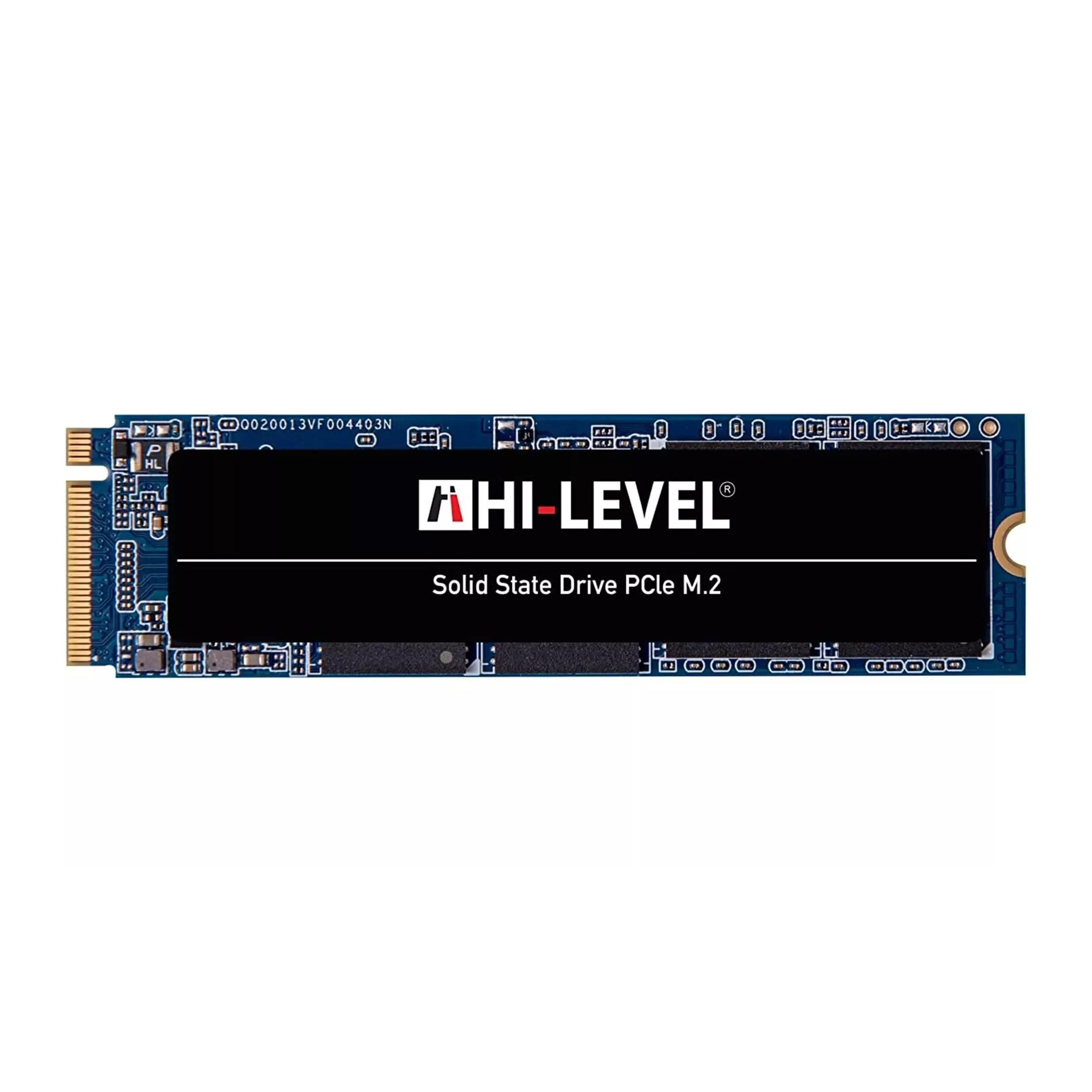 Beyaz arka planda Hi-Level logolu M.2 NVMe SSD ve PCIe arabirimi.