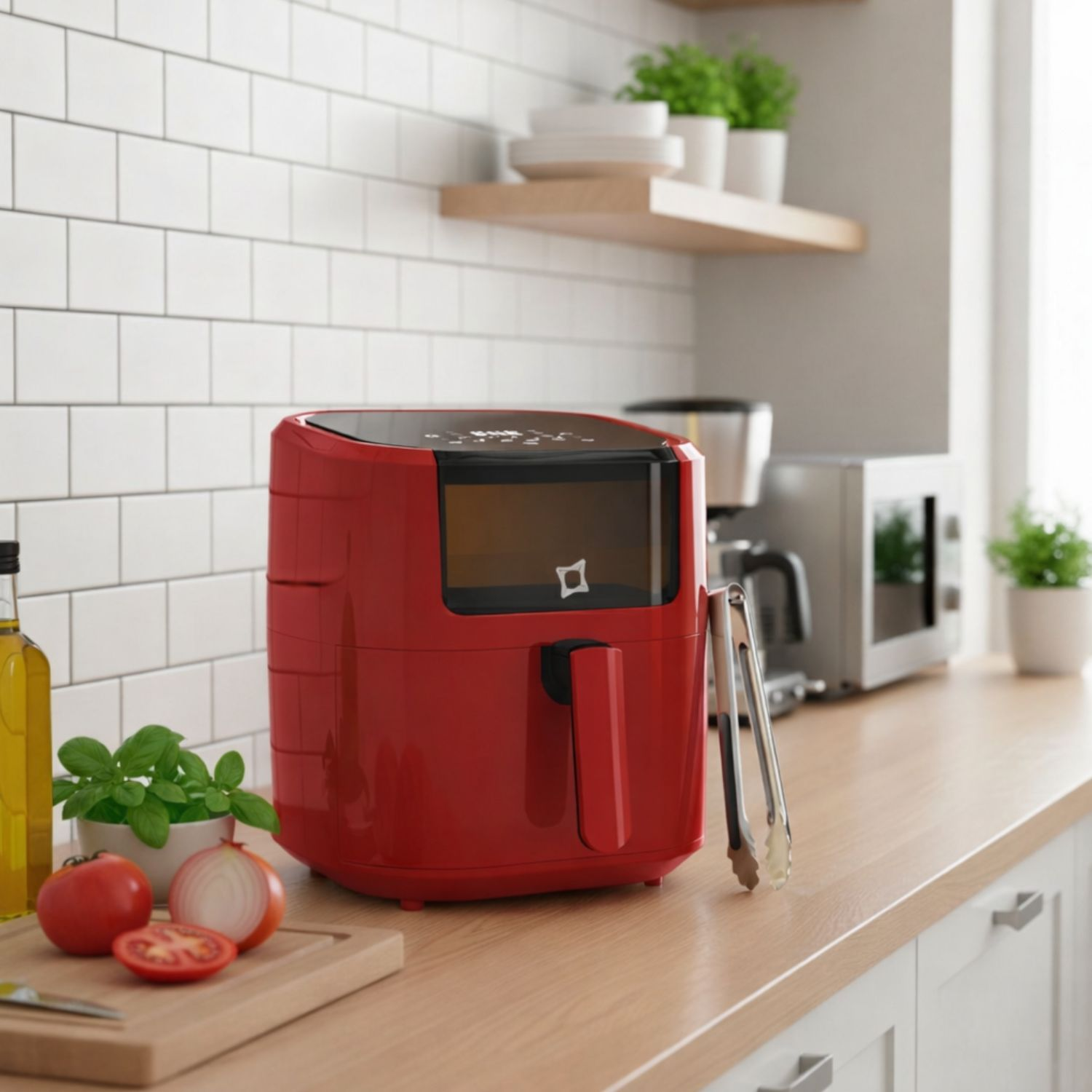 Friggitrice ad aria rossa sul bancone della cucina con pomodori, cipolla, basilico e pinze.