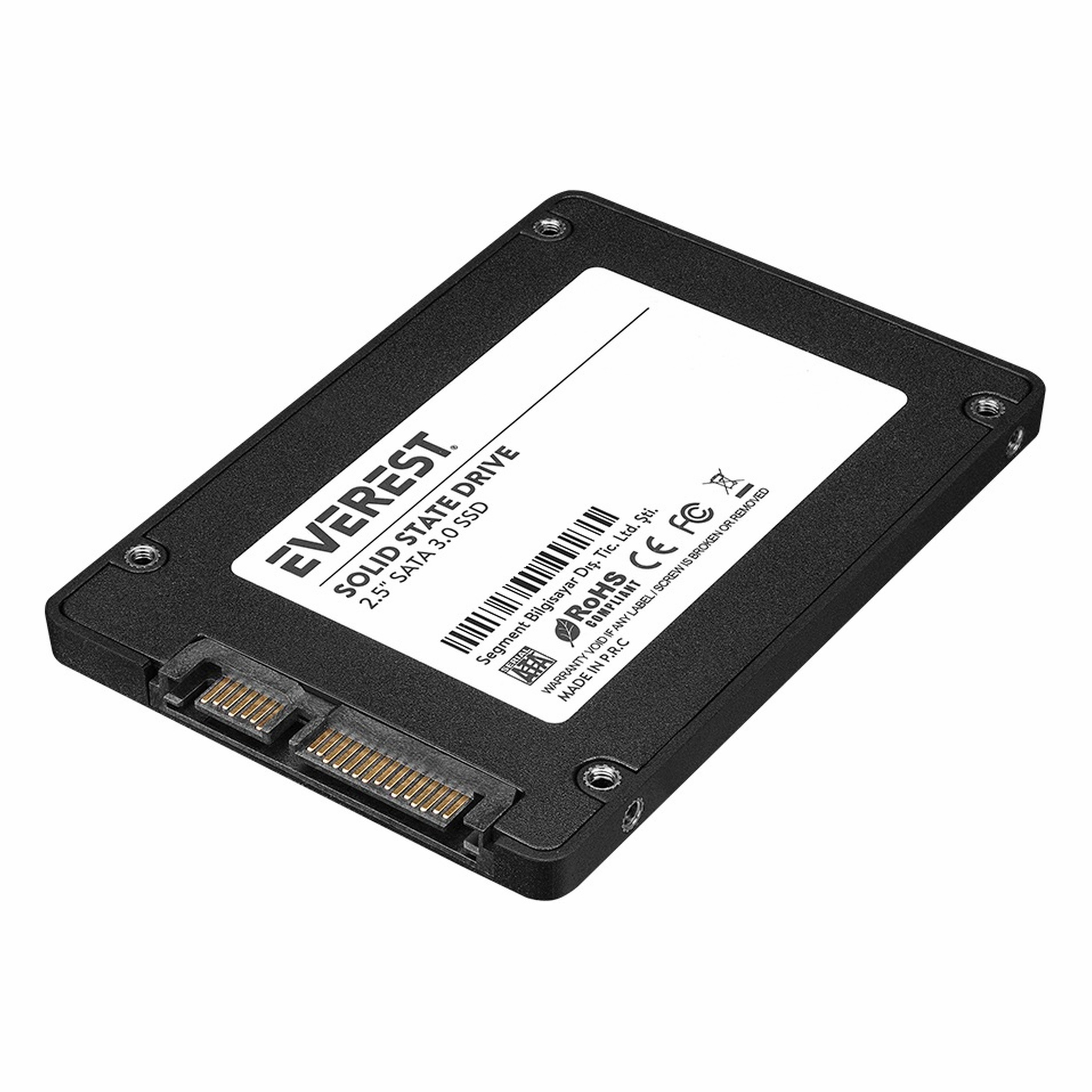 Everest etiketli siyah 2,5 inç SSD, SATA 3.0 bağlantı noktası.