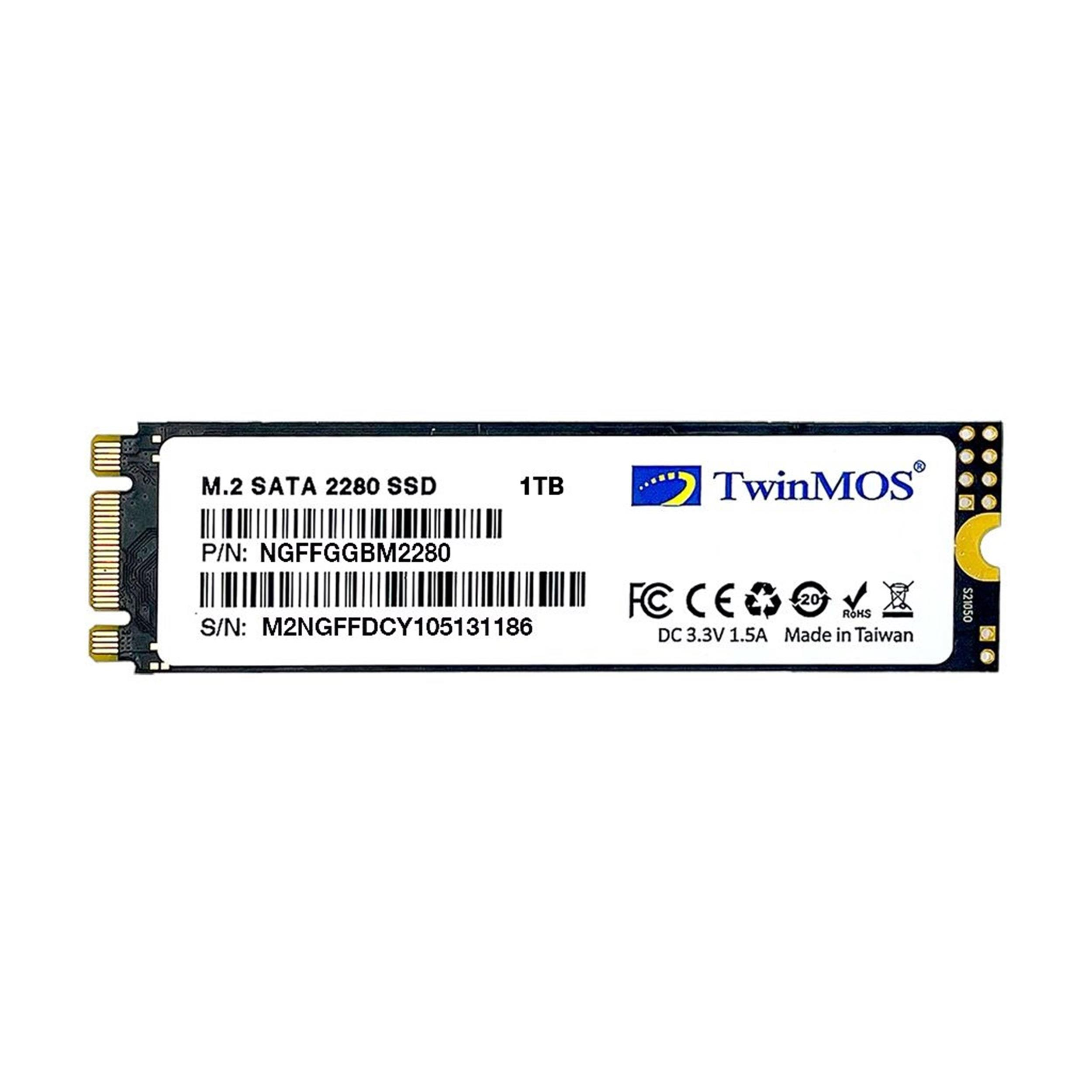 TwinMOS 1TB M.2 SATA 2280 SSD, Tayvan üretimi, FCC ve CE işaretli.