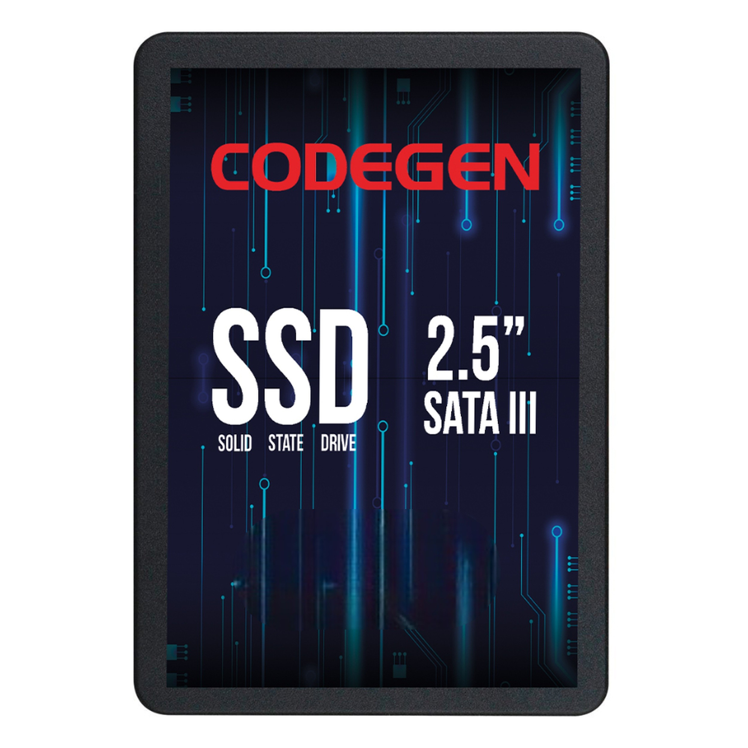 Codegen 2,5 inç SSD SATA III mavi-siyah arka planlı.