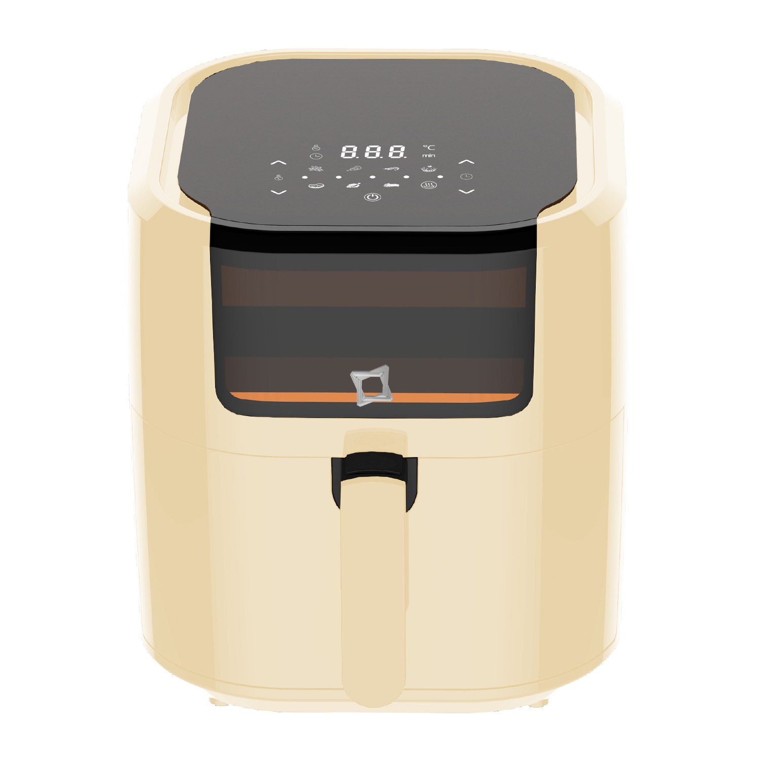 Una friggitrice ad aria beige con display digitale e manico.
