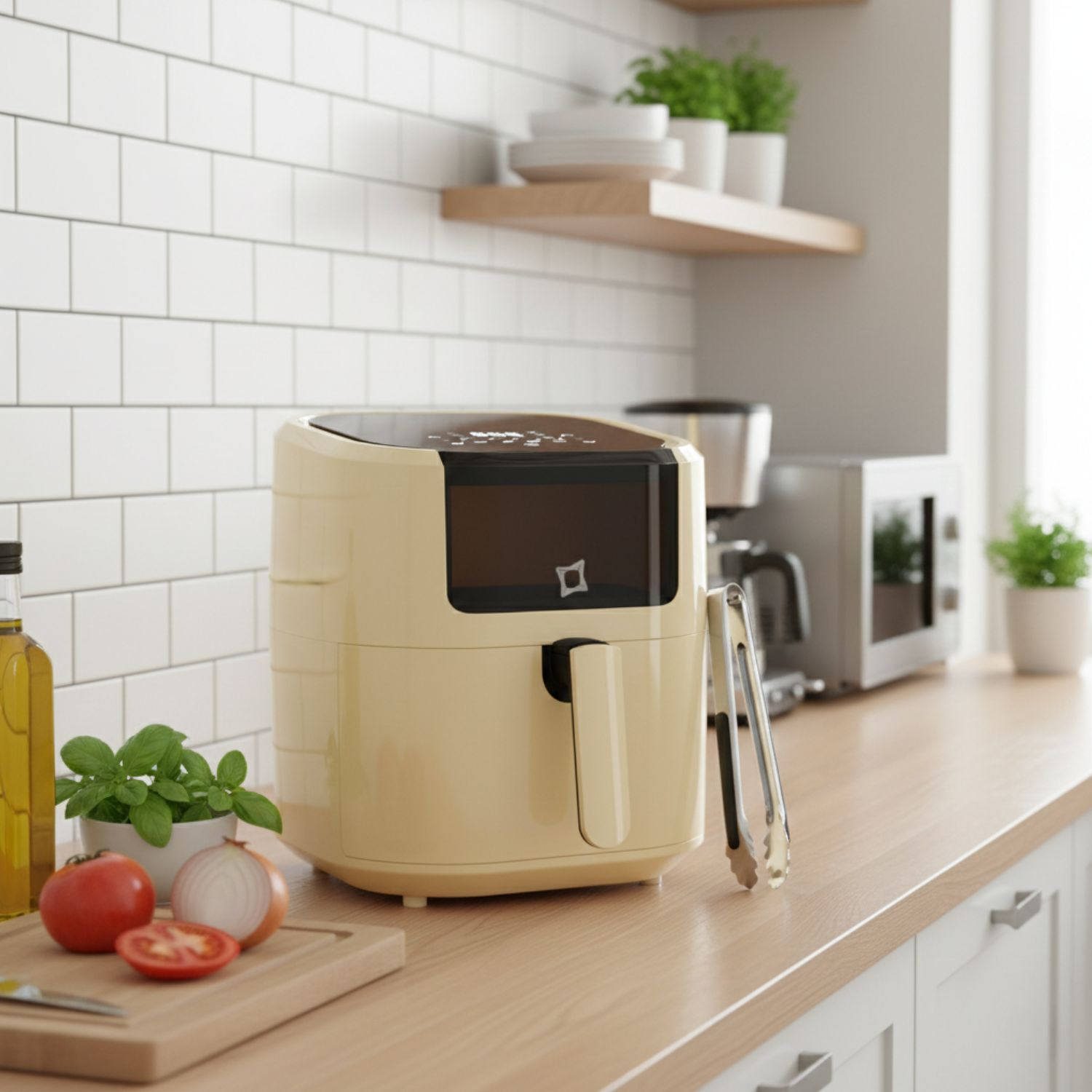 Una friggitrice ad aria beige con utensili da cucina su un bancone.
