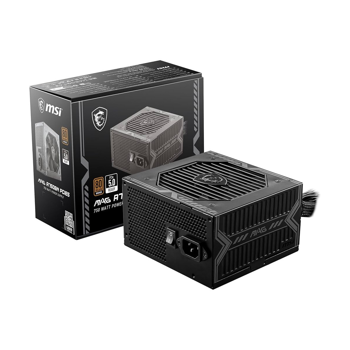 Siyah MSI MAG A7 750W güç kaynağı kutusunun yanında duruyor.