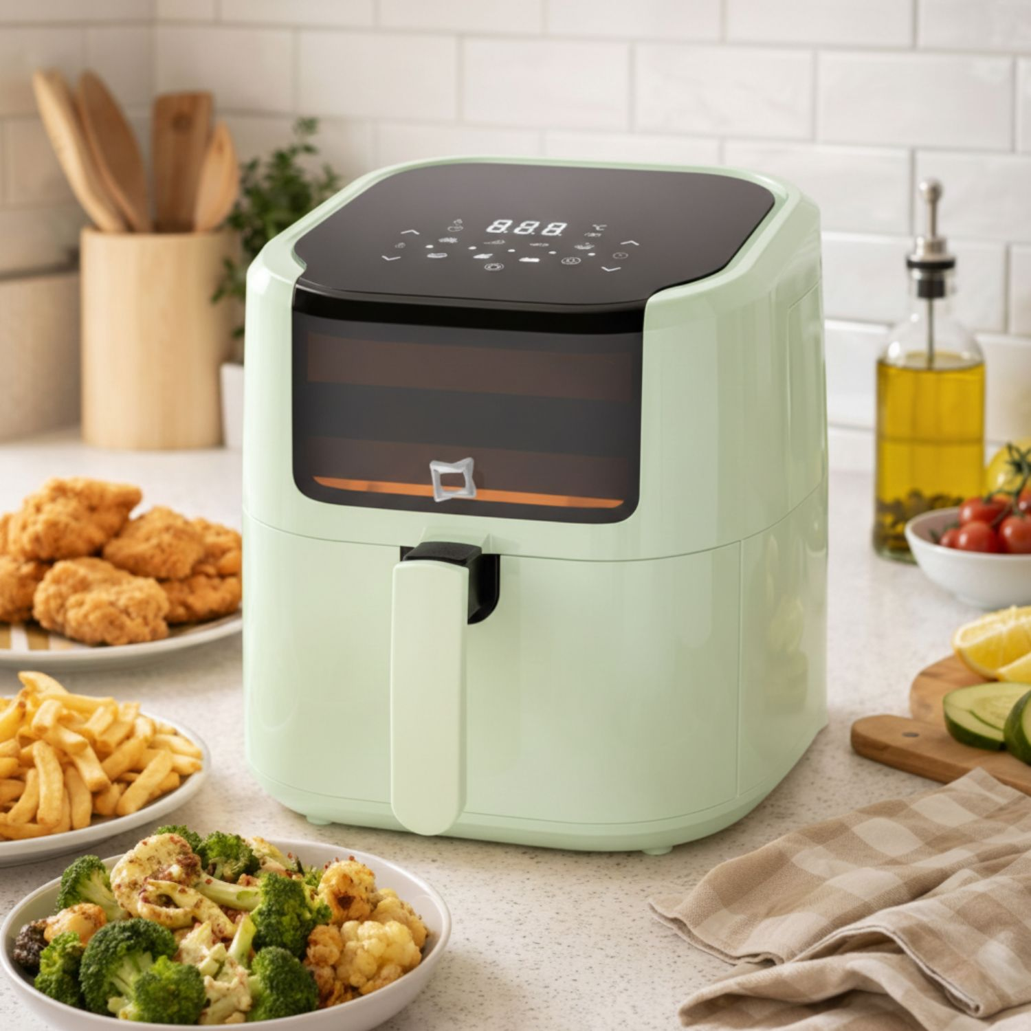 Una friggitrice ad aria verde chiaro con controlli digitali si trova sul piano di lavoro accanto al cibo.