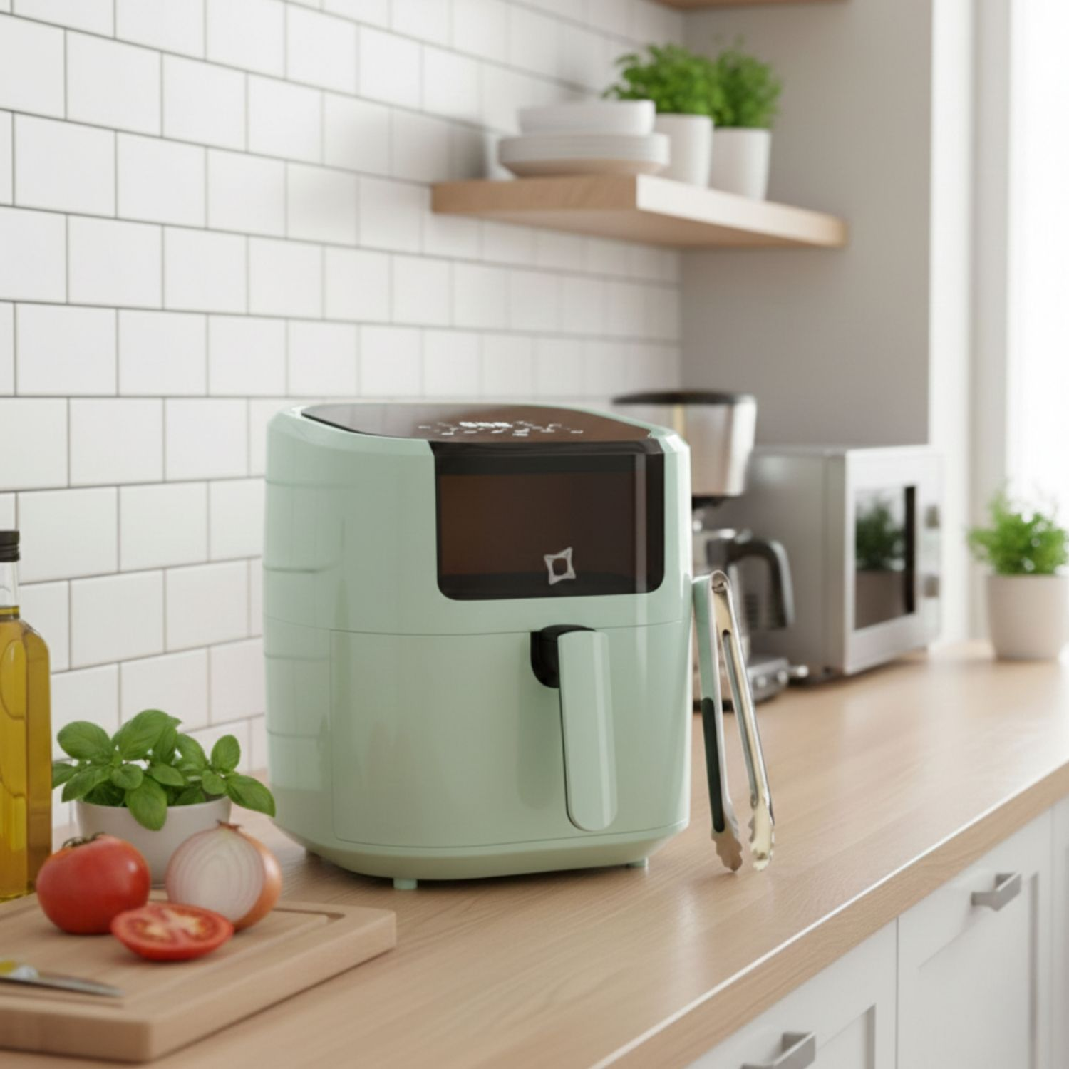 Una friggitrice ad aria verde menta su un bancone di legno con pomodori e cipolle nelle vicinanze.