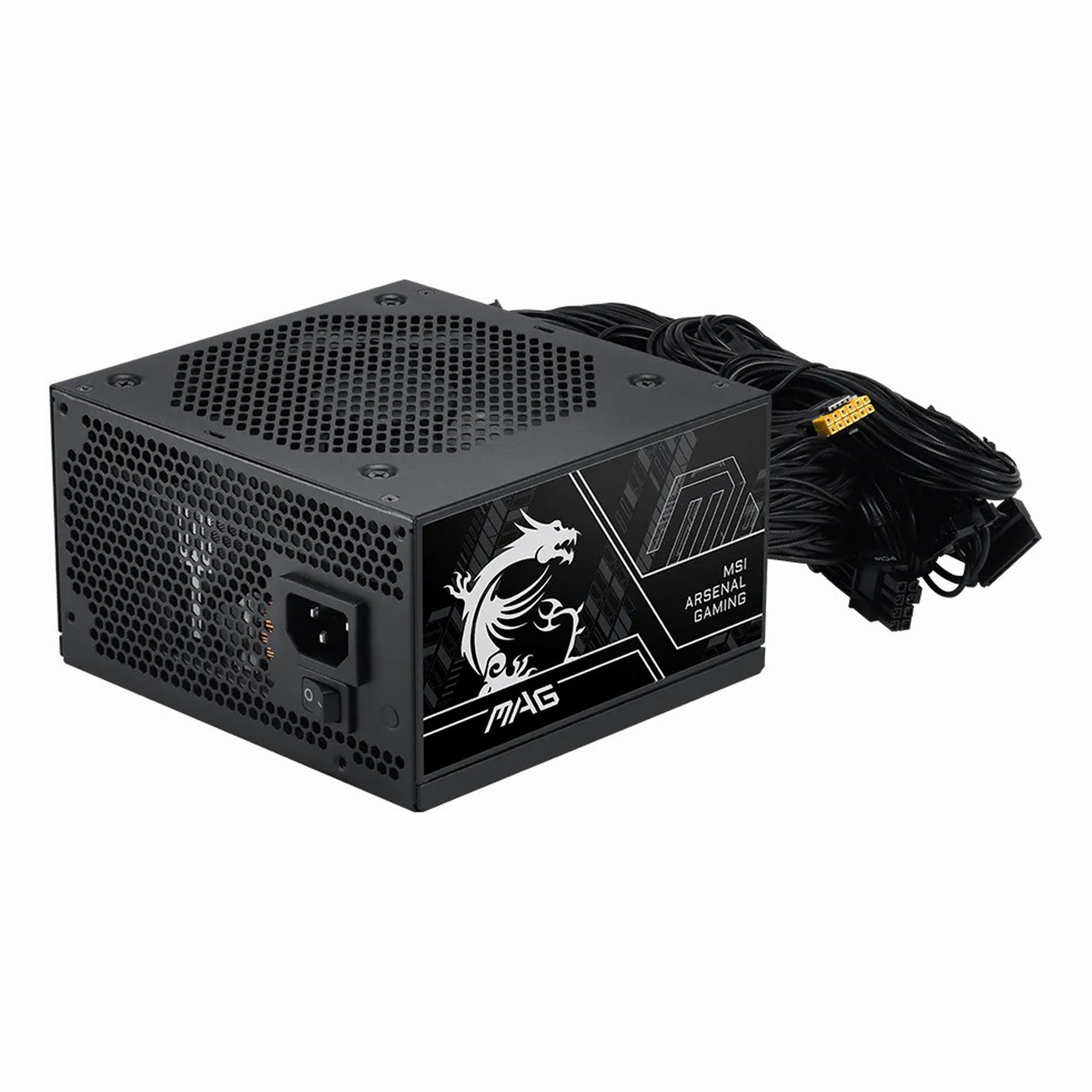 MSI MAG logolu, kablolu ve anahtarlı siyah güç kaynağı.