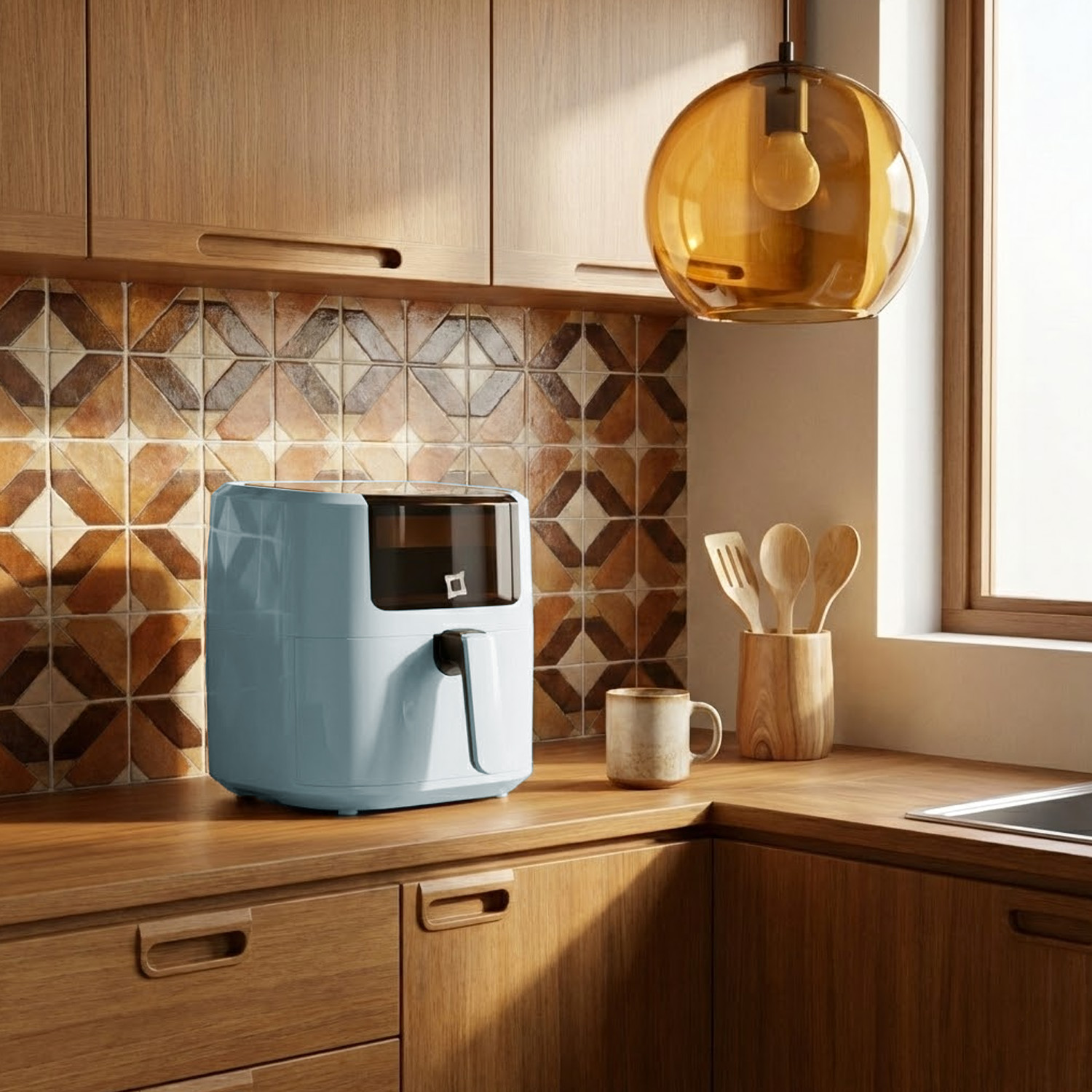 Friggitrice ad aria blu chiaro su bancone in legno con tazza e utensili.