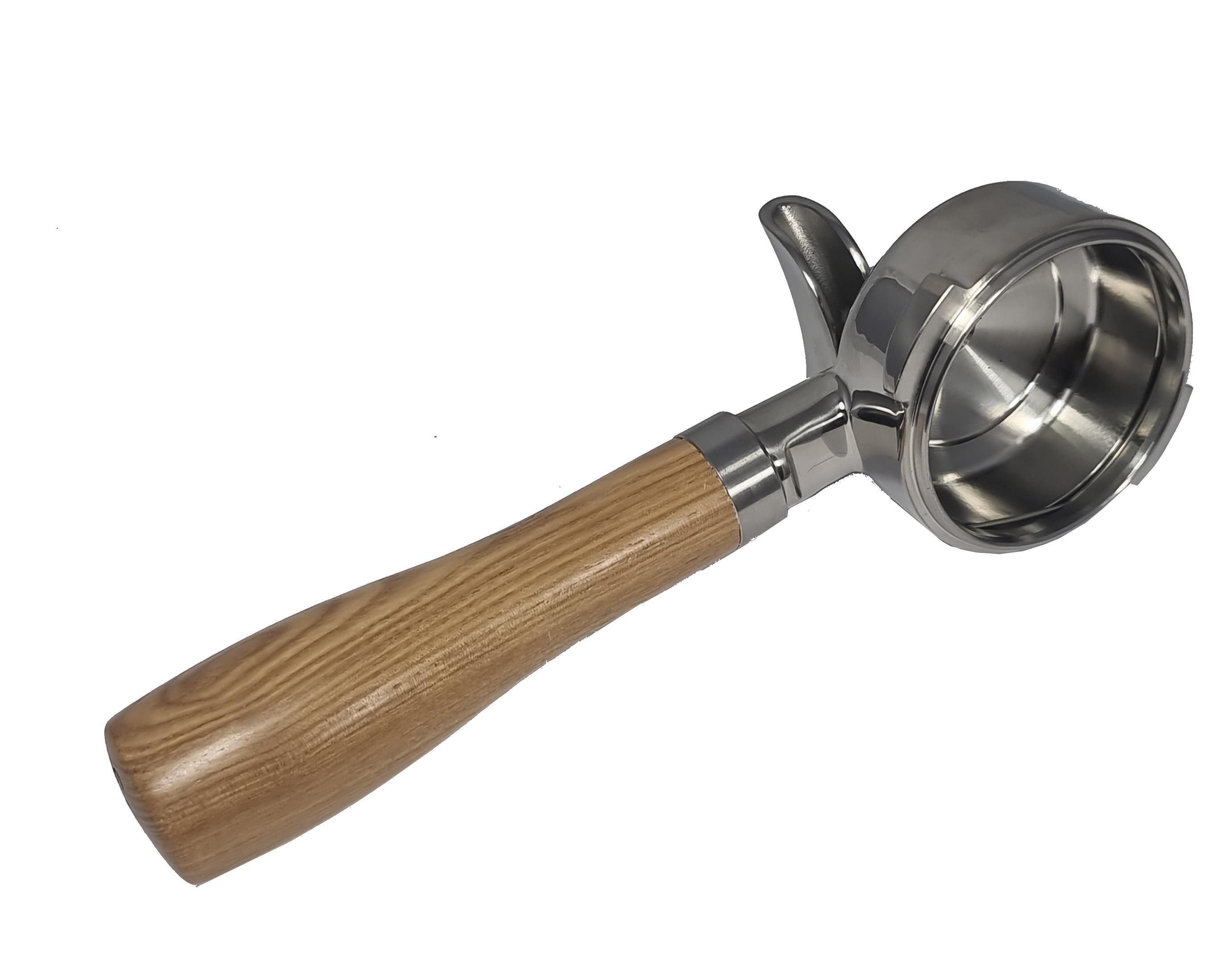 A polished espresso portafilter with a wooden handle and metal accents.