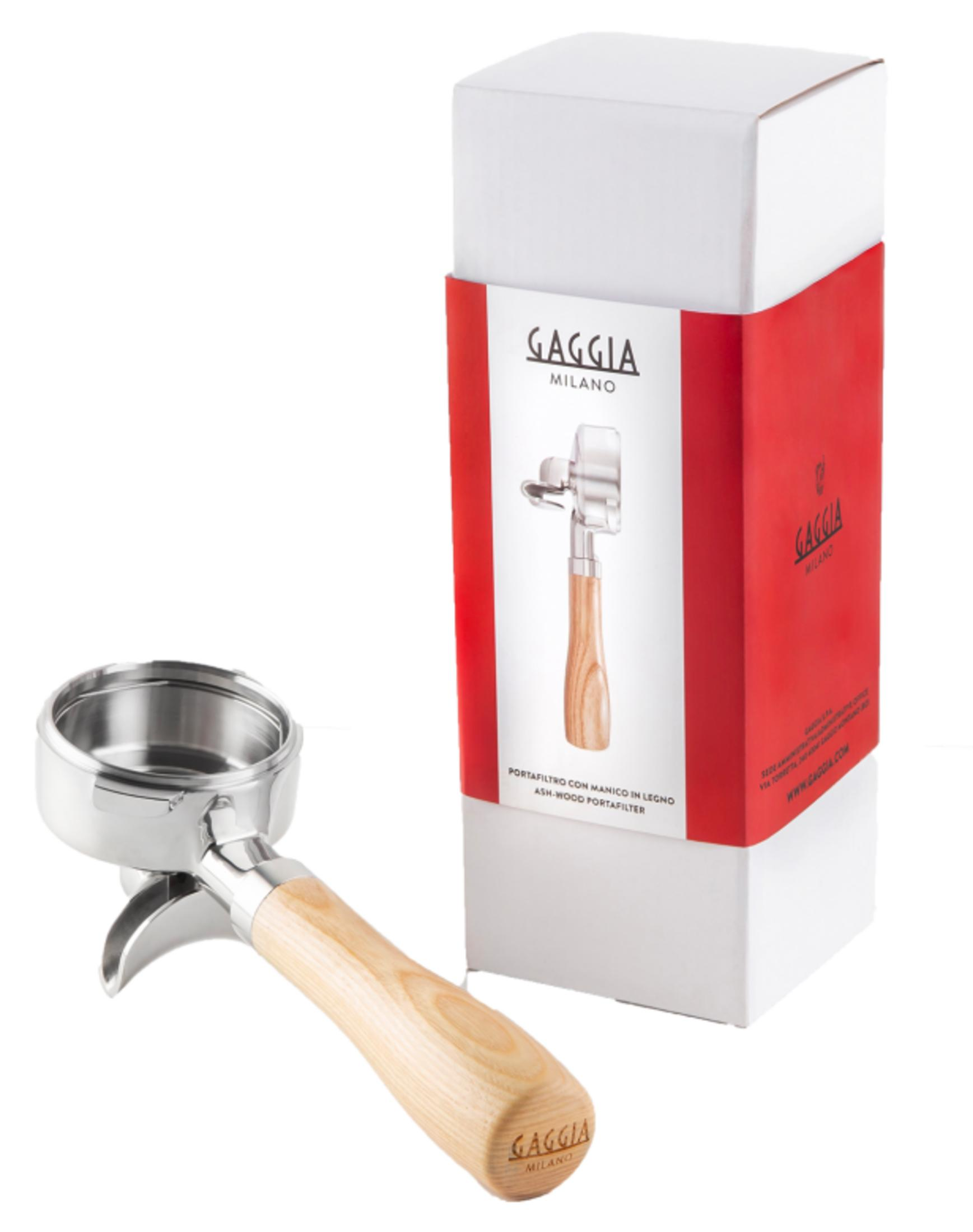 A Gaggia Milano portafilter with a wooden handle and its box.
