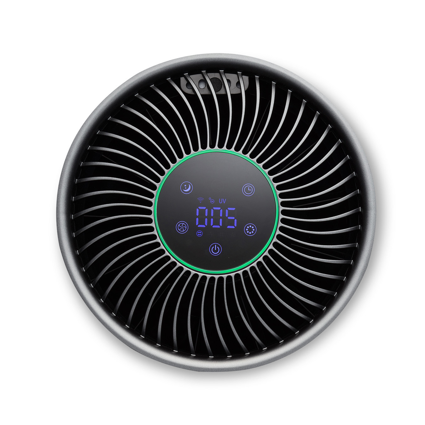 A round air purifier with a black fan grille and a digital display.