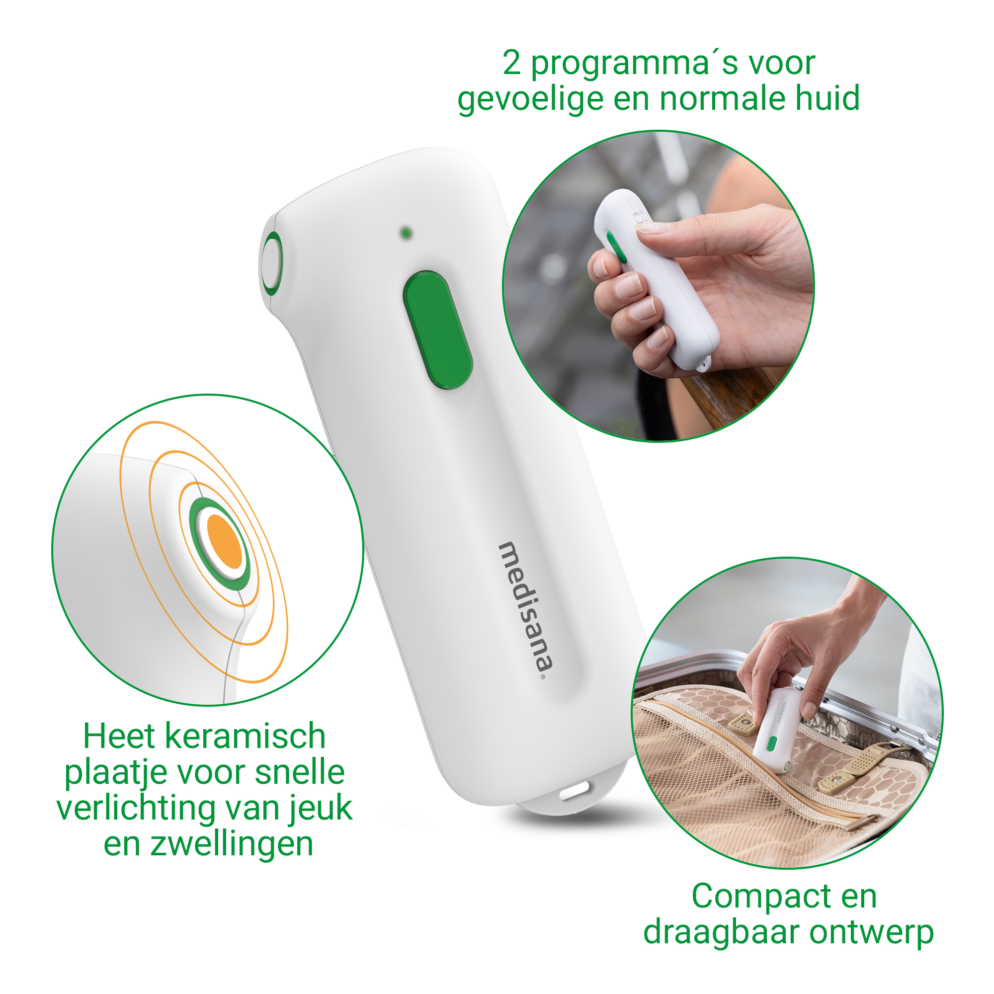 White device with green accents. Hot ceramic plate for quick relief of itching.