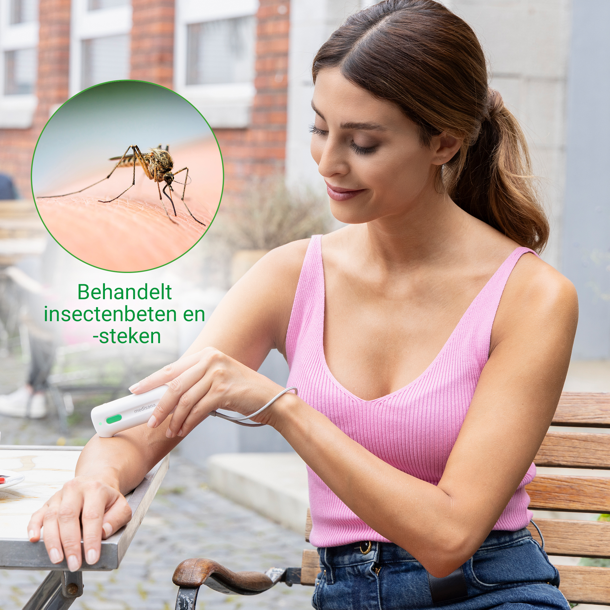 Woman treats mosquito bite with device. Close-up of mosquito on skin.