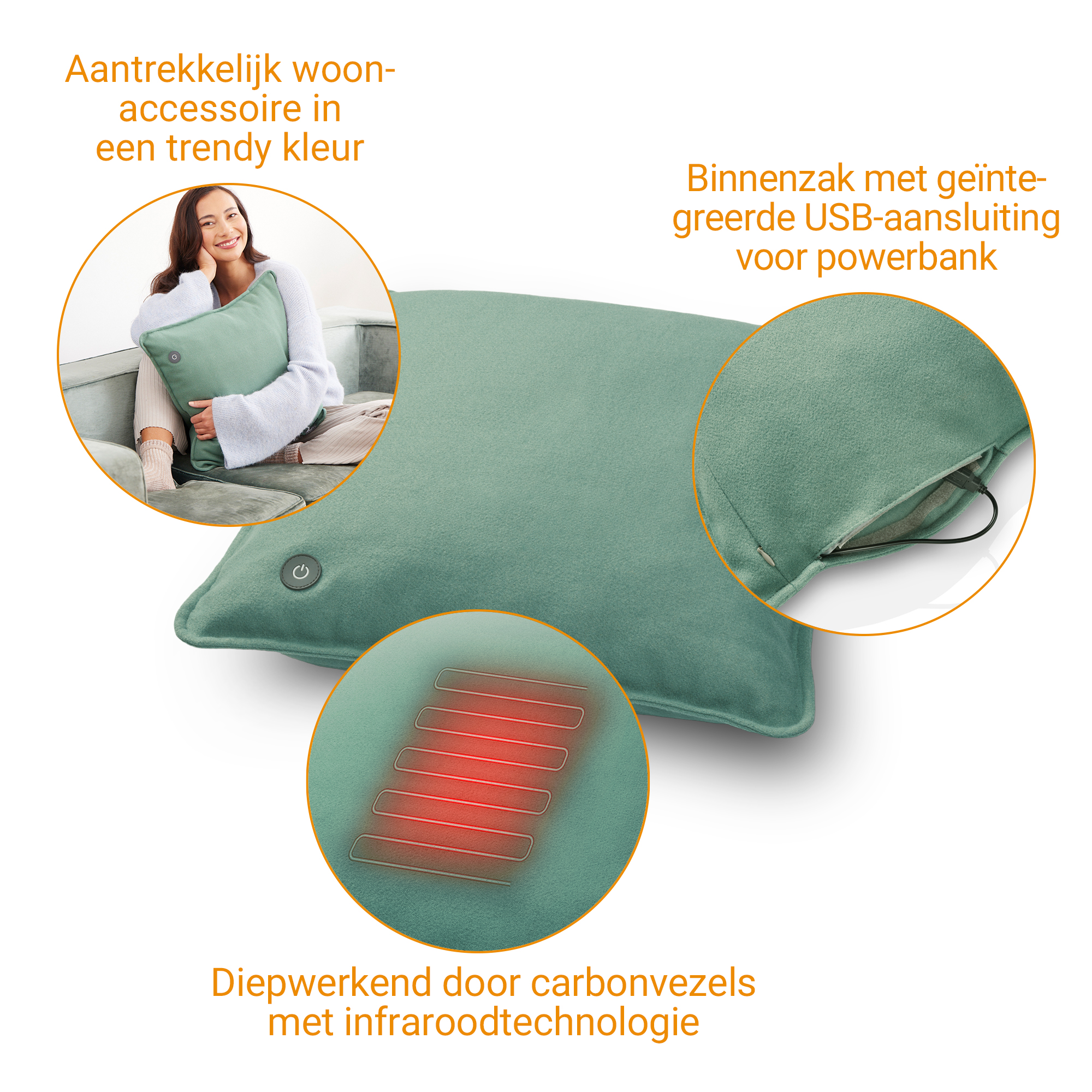 Green pillow with heating function, USB port, and infrared technology.