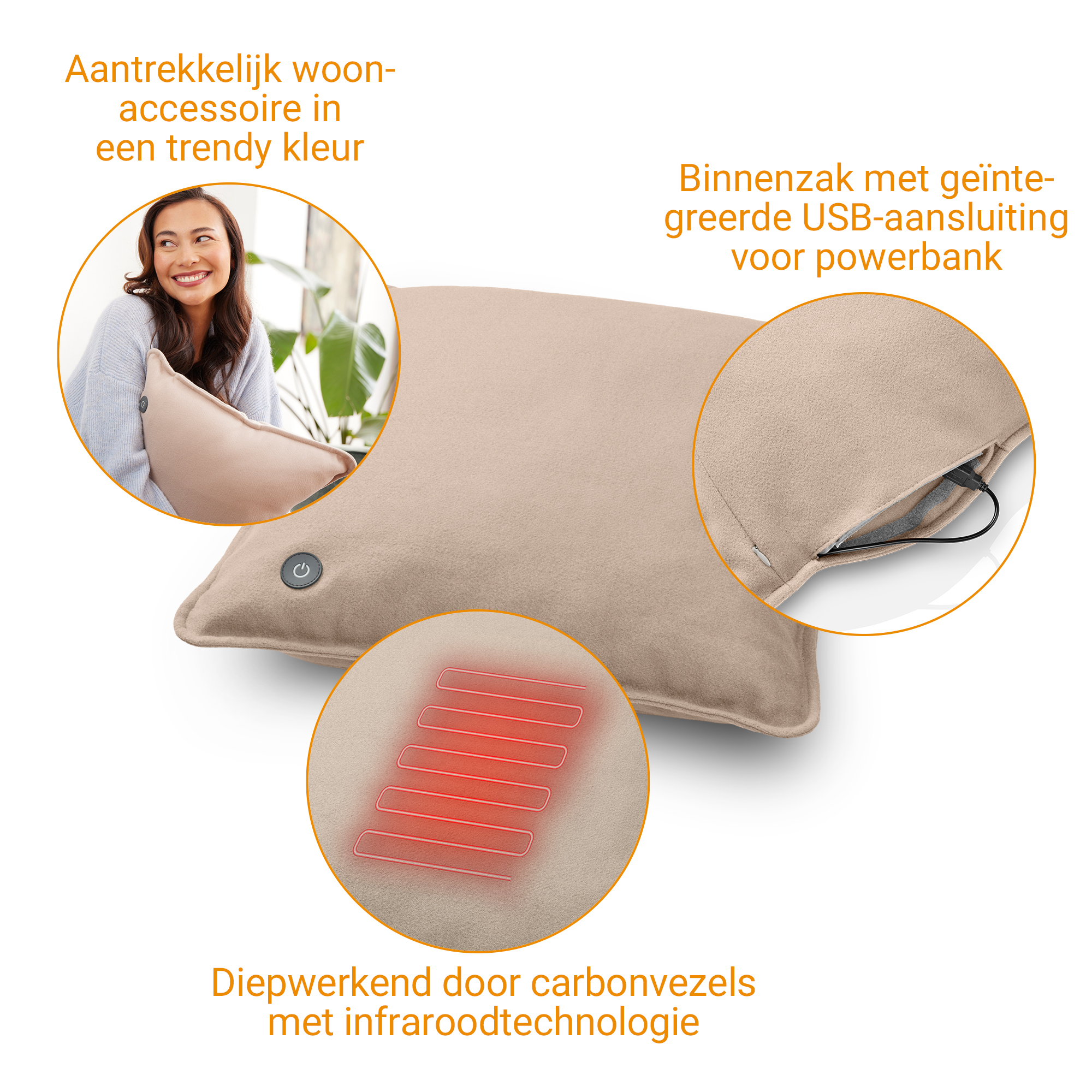 Beige verwarmingskussen met USB-poort en infraroodtechnologie.