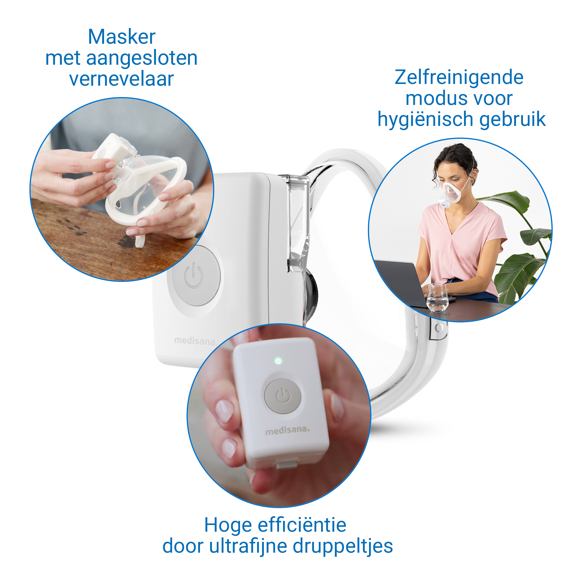 Un set nebulizador con mascarilla, mujer con mascarilla en laptop y unidad de control.