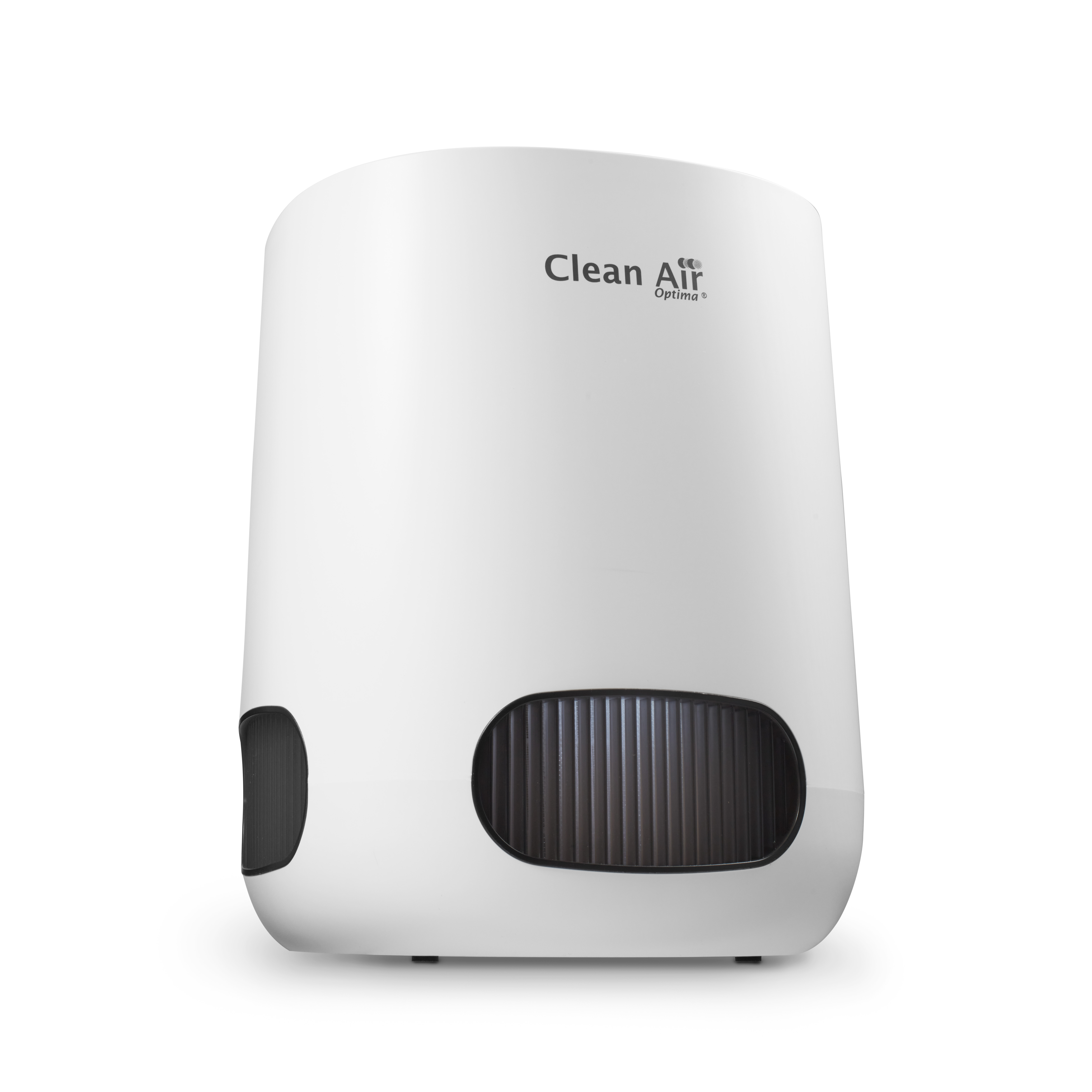 A white air purifier with dark vents and the logo "Clean Air Optima".