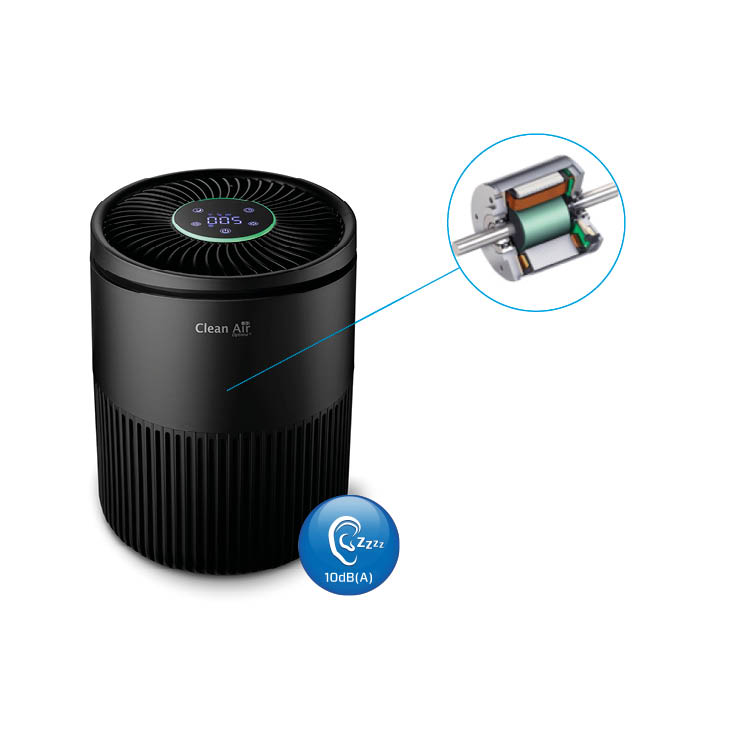 Black air purifier with a motor detail view and a 10dB(A) icon.