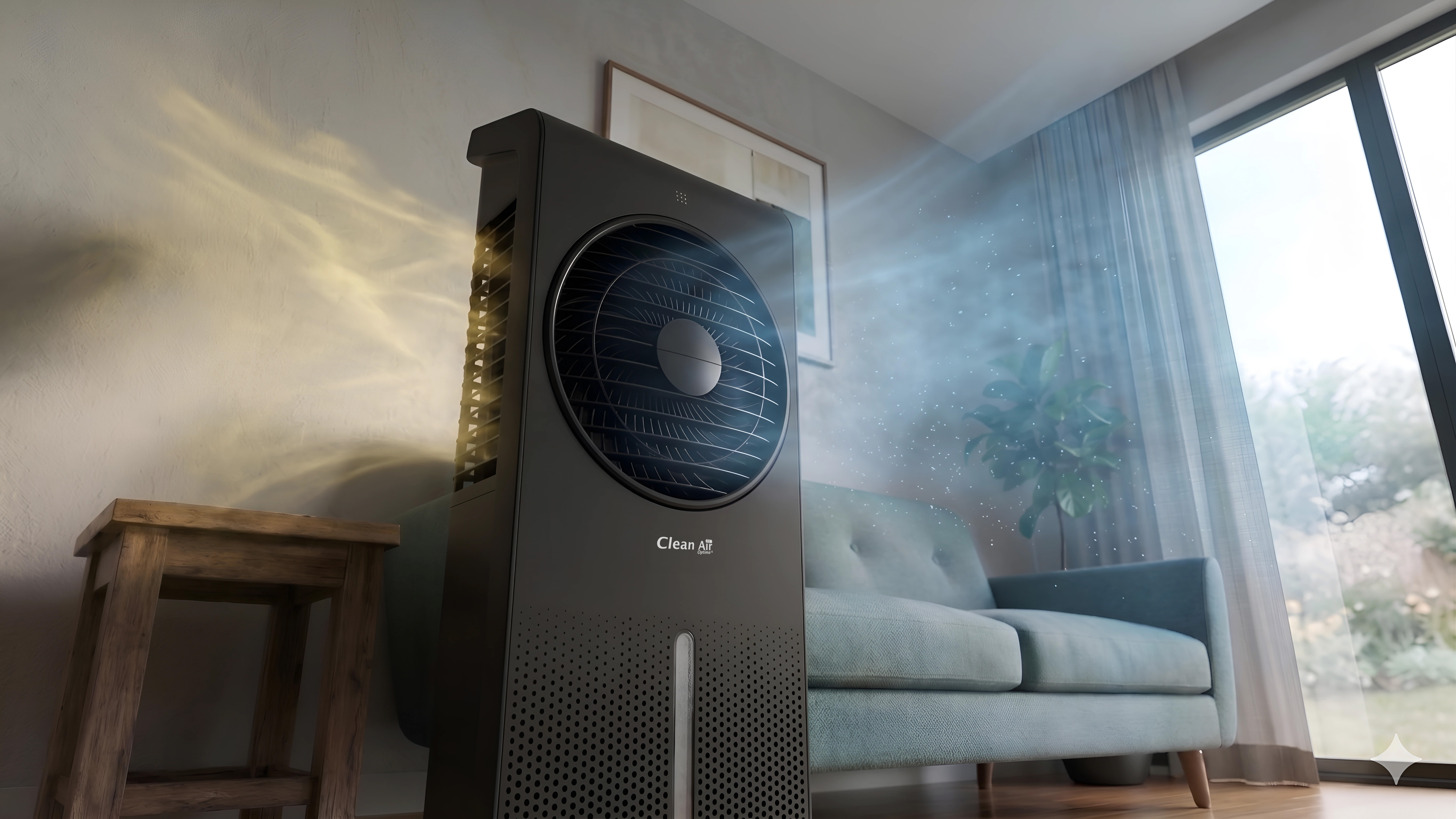Un condizionatore d'aria nero con nebbia blu ed effetti di luce gialla in un salotto.