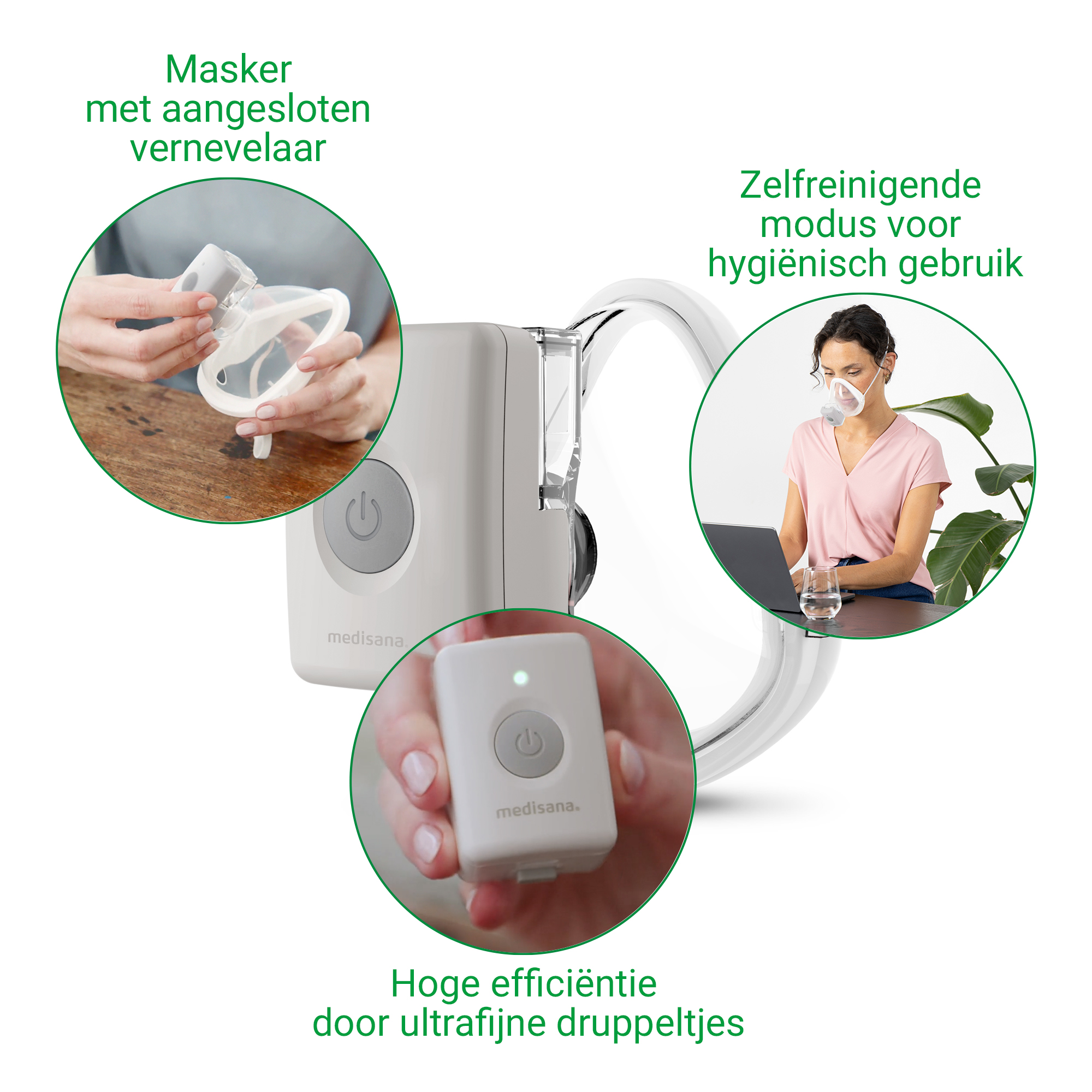 An inhaler with mask, remote control, and a woman using it.