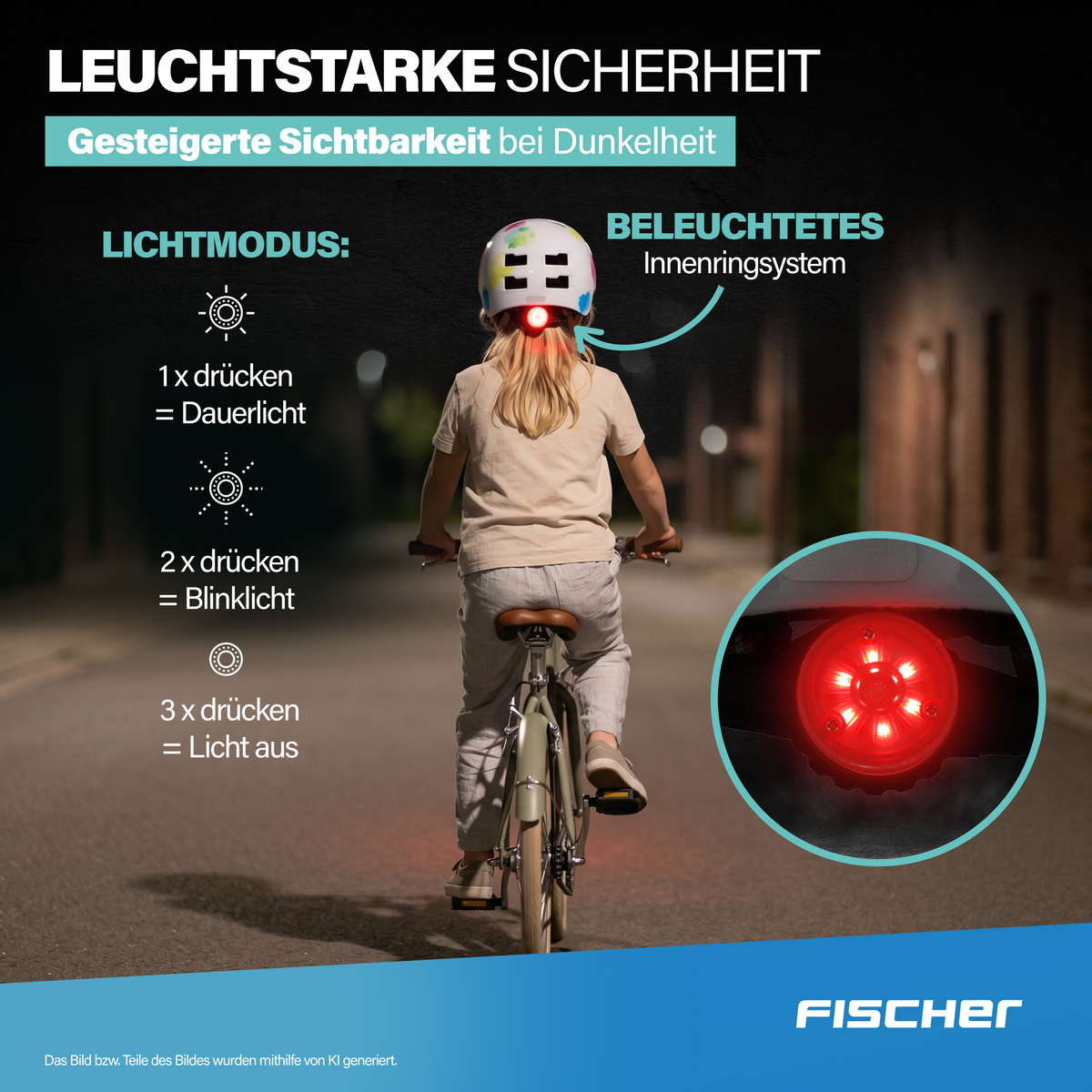 Kind auf Fahrrad mit beleuchtetem Helm und Rücklicht bei Nacht. Modi: Dauerlicht, Blinklicht, aus.
