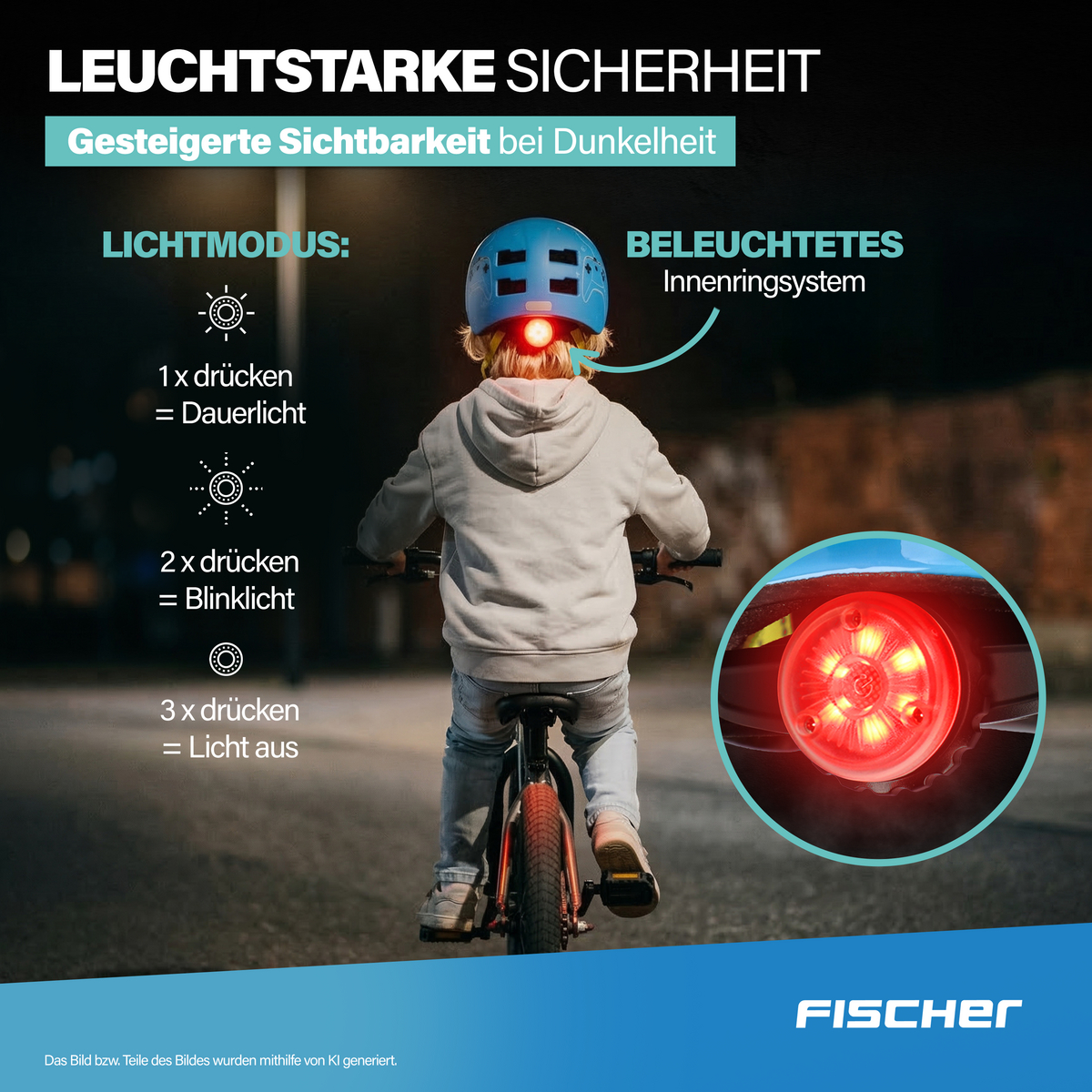 Kind mit Helm fährt Fahrrad. Rücklicht leuchtet rot. Lichtmodi erklärt.