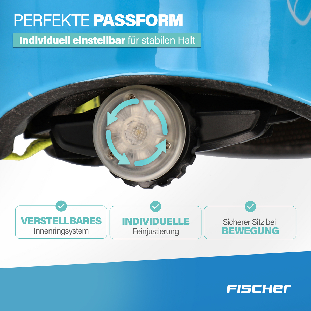 Blauer Fahrradhelm mit Verstellrad und Hinweisen zur Passform.