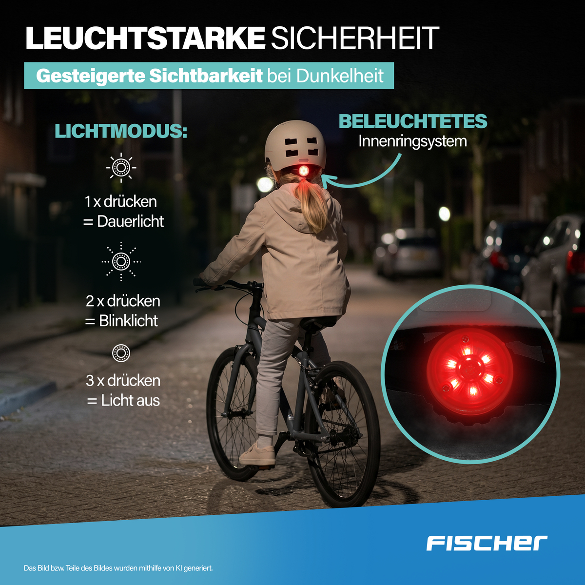Kind auf Fahrrad mit rotem Rücklicht, das verschiedene Modi zeigt.