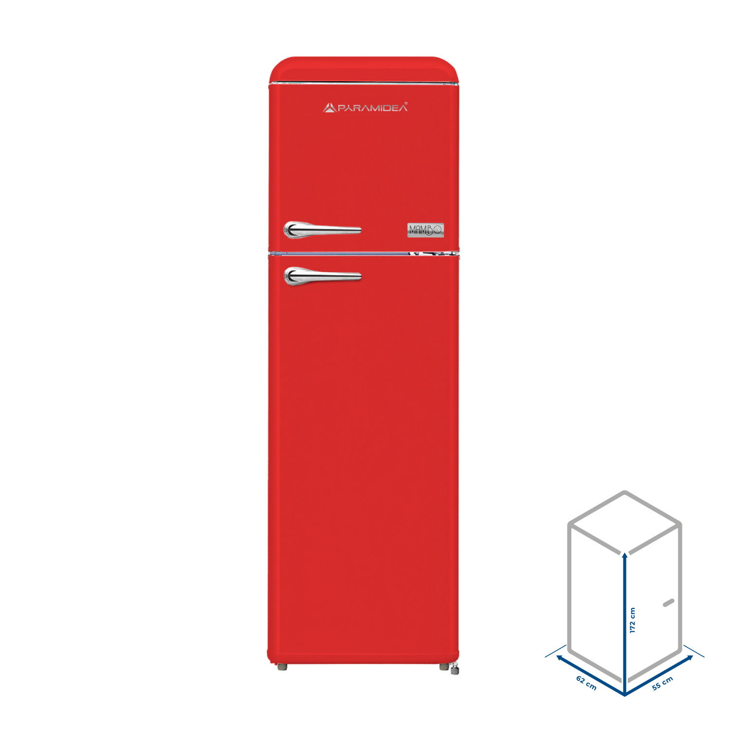 Un frigorifero rosso retro con due porte e maniglie argentate. Le sue dimensioni sono mostrate accanto.