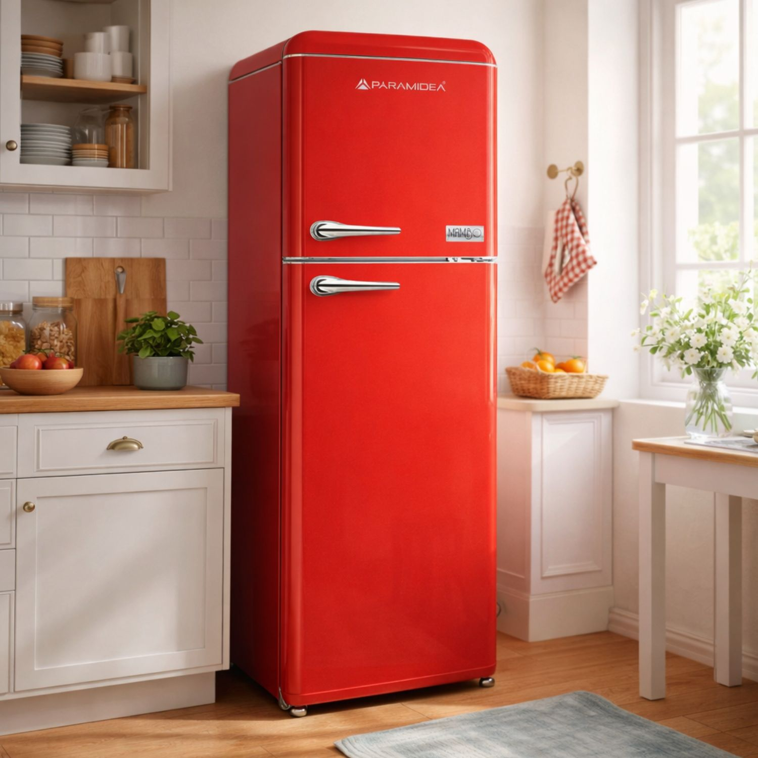 Un frigorifero rosso stile retrò in una cucina luminosa con mobili bianchi e pavimenti in legno.