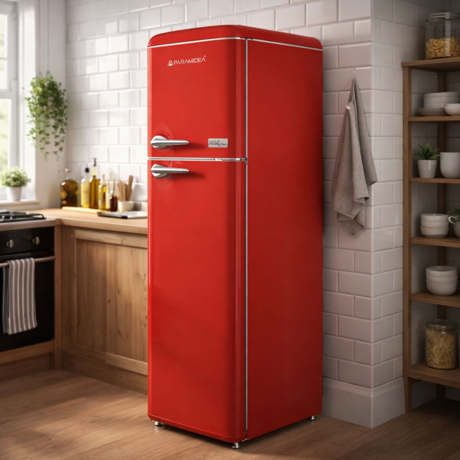 Un frigorifero rosso vintage Paramidea in una cucina con piastrelle bianche.